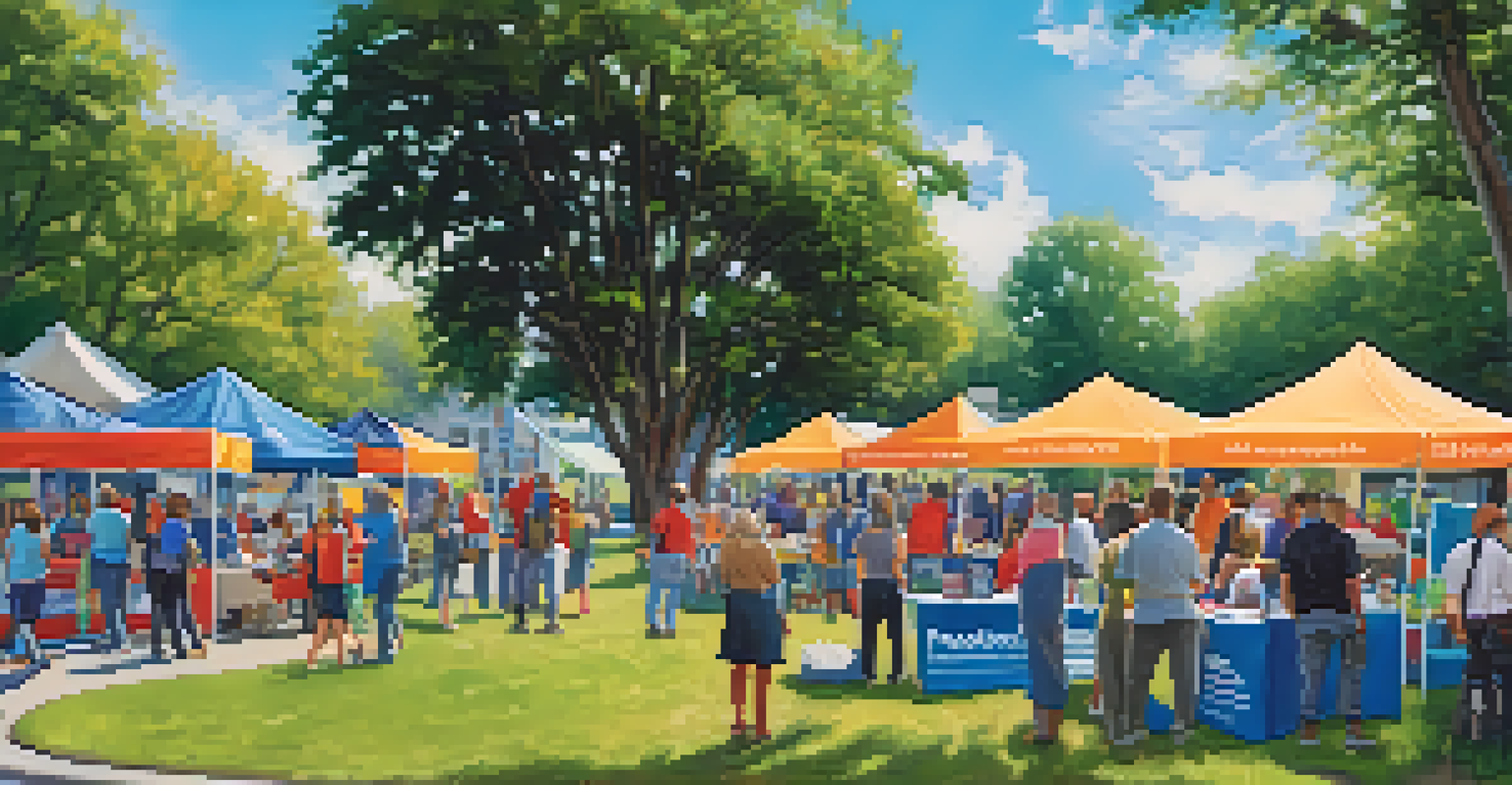 A community outreach event in a park focused on addiction resources, with families interacting with volunteers.