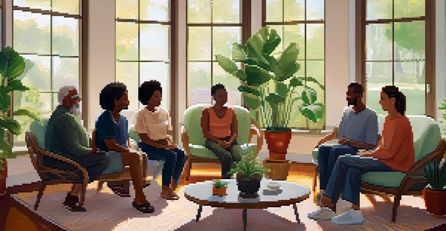 A diverse group of individuals sitting in a circle in a cozy room, engaged in a supportive therapy session.