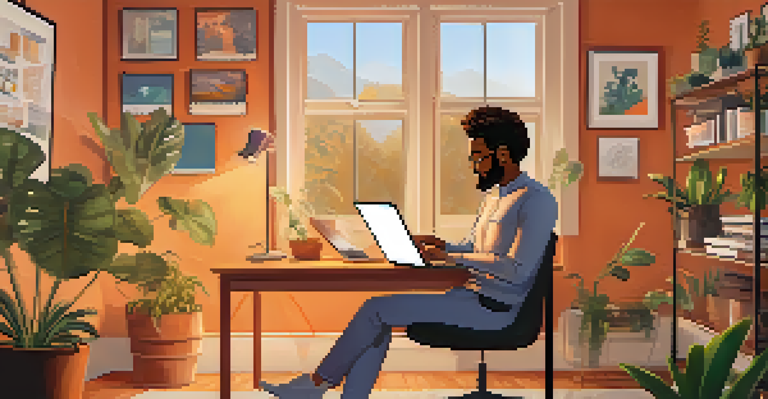 A person having a telehealth consultation in a cozy home office, with a laptop open and a healthcare provider on the screen, surrounded by plants and motivational posters.