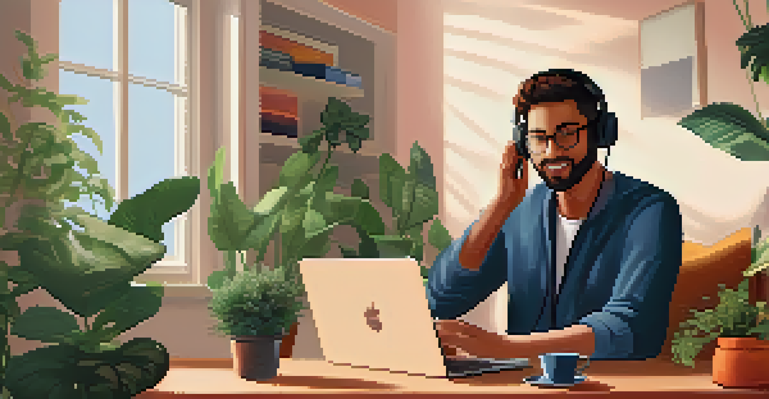 A person using a laptop for teletherapy at home, showing a therapist on the screen providing support.