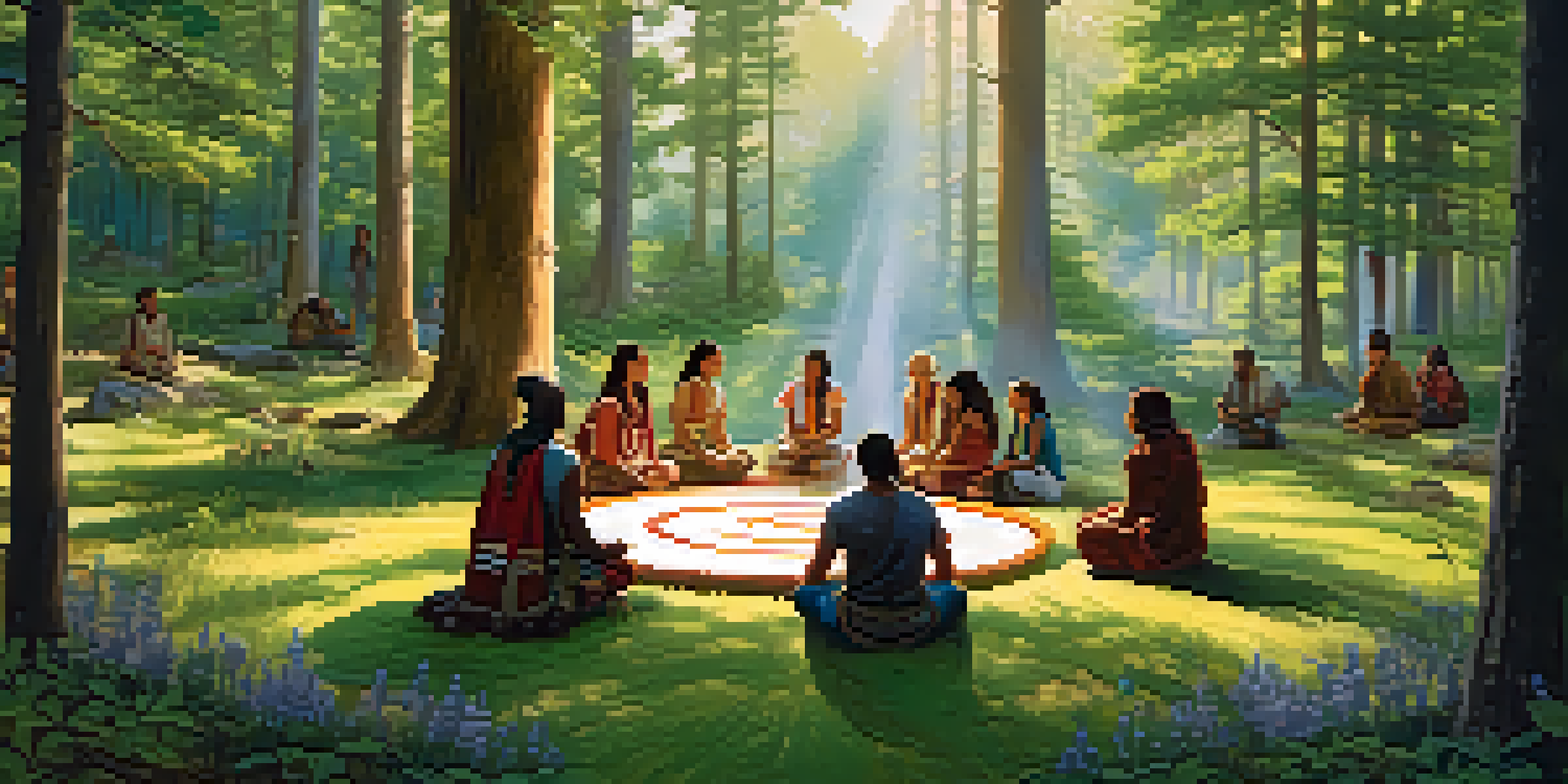 A tranquil forest setting with a group of people sitting in a circle, participating in a healing conversation, surrounded by trees and flowers under soft sunlight.