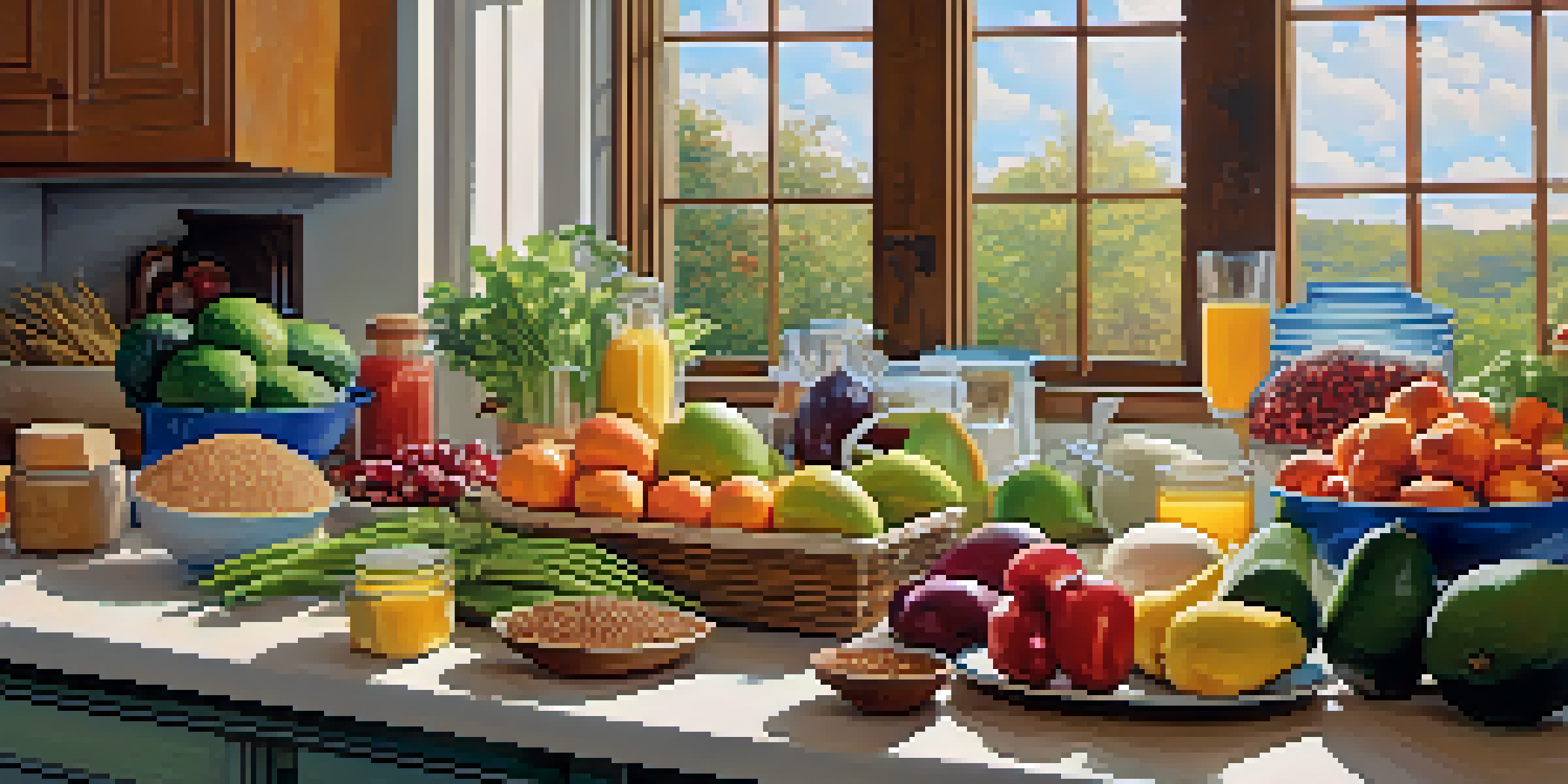 A bright kitchen filled with fresh ingredients including fruits, vegetables, grains, and lean meats, illuminated by natural light.