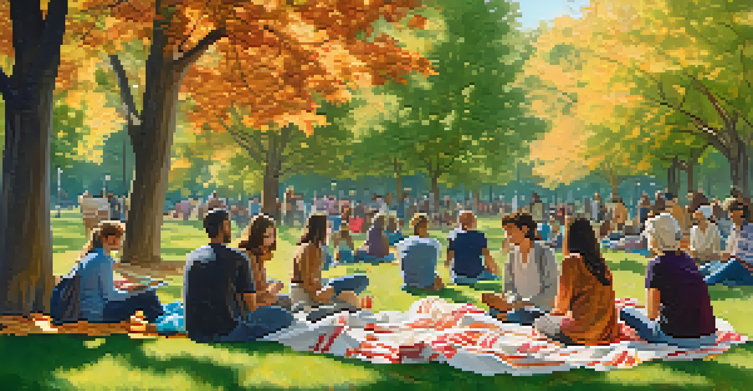 A group of individuals sharing their recovery stories in a sunny park setting.
