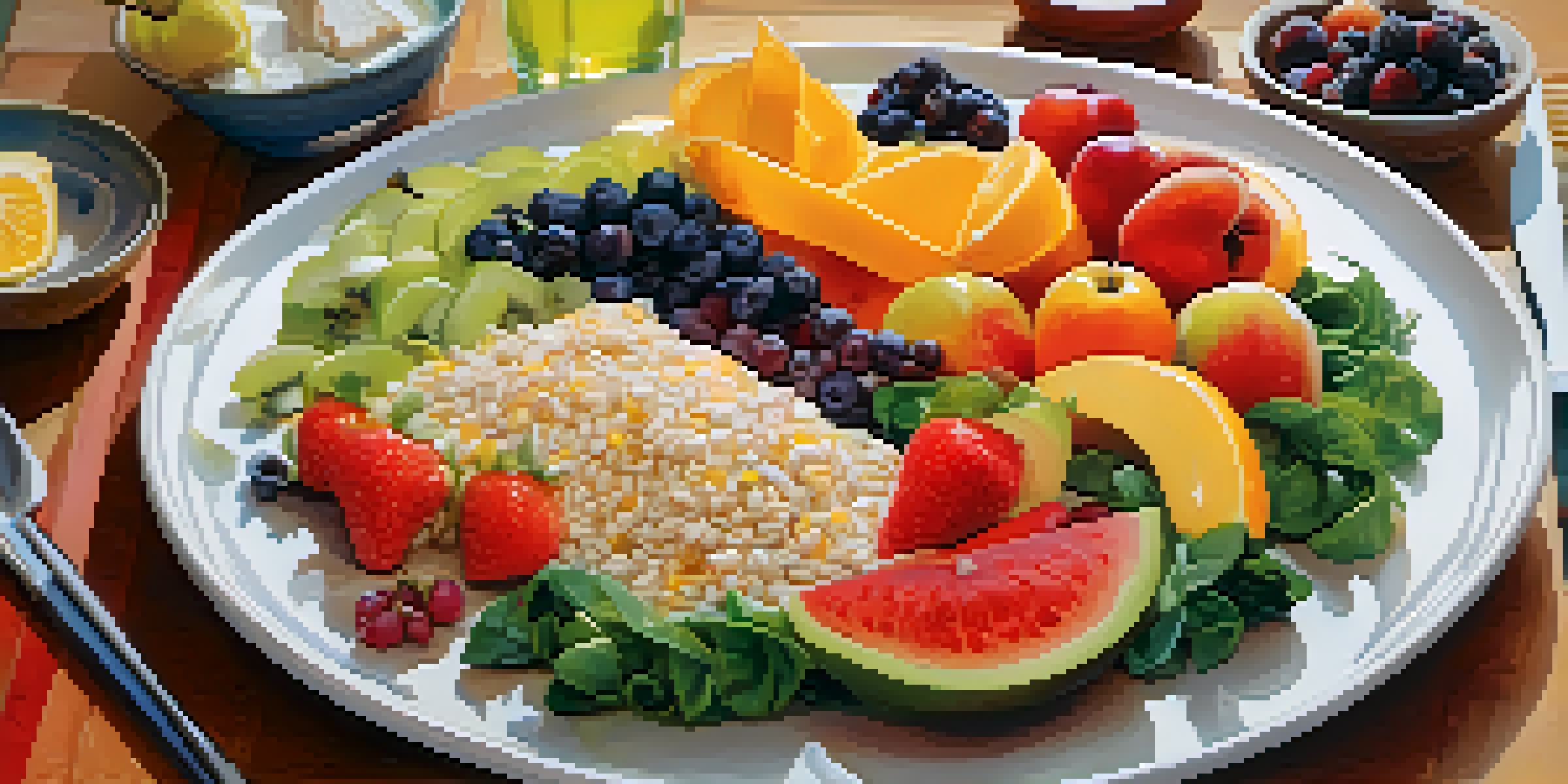A vibrant and colorful plate of balanced meal with fruits, vegetables, whole grains, and proteins arranged aesthetically.