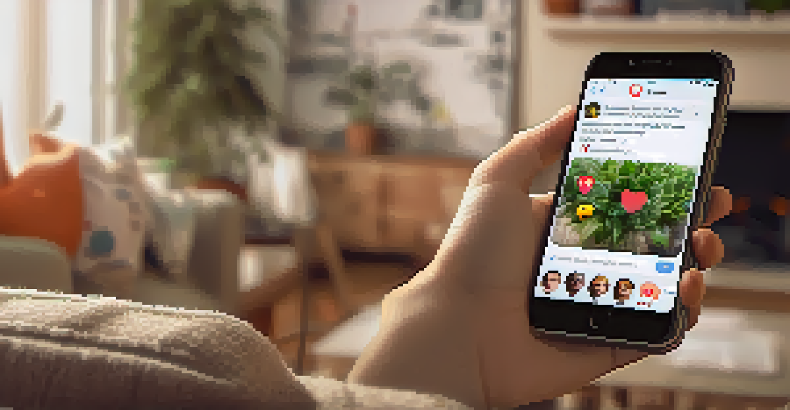 A hand holding a smartphone displaying supportive messages in a group chat, with a cozy living room in the background.