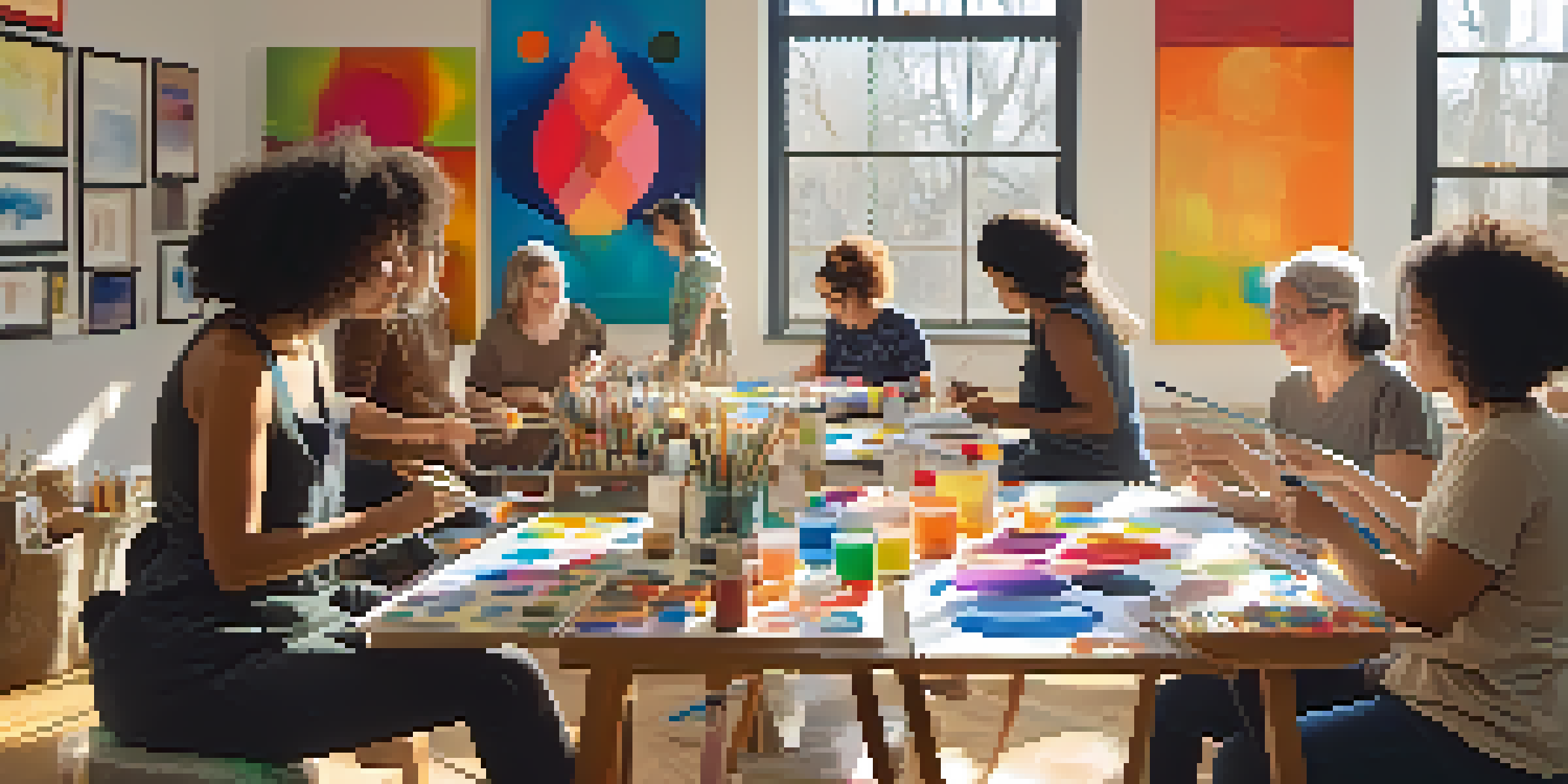 A group of diverse individuals engaged in an art therapy session, painting in a bright, sunlit room filled with colorful artworks.