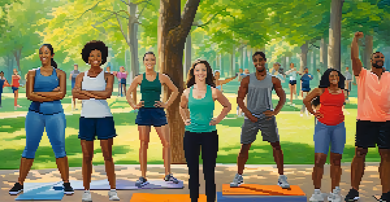 A diverse group of people participating in a fitness class outdoors, smiling and exercising in a park.