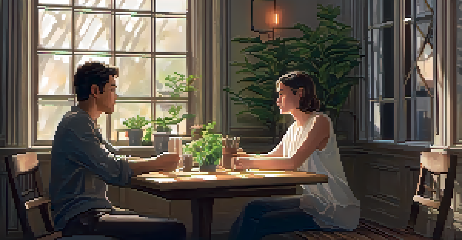 Two individuals sitting across from each other at a table in a cozy indoor setting, demonstrating active listening.