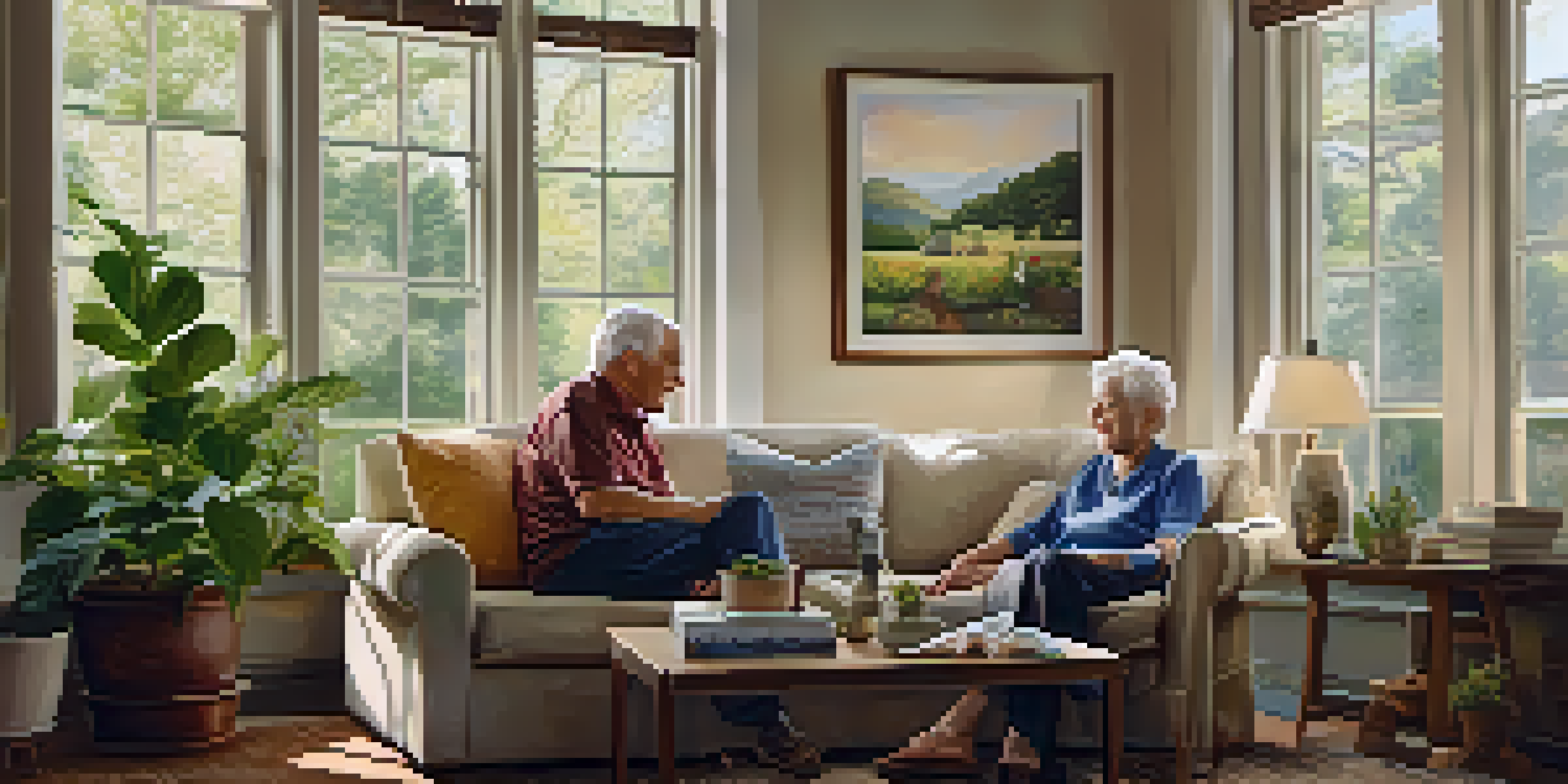 An elderly couple sitting on a sofa in a cozy living room, engaged in conversation with soft natural light illuminating the space.
