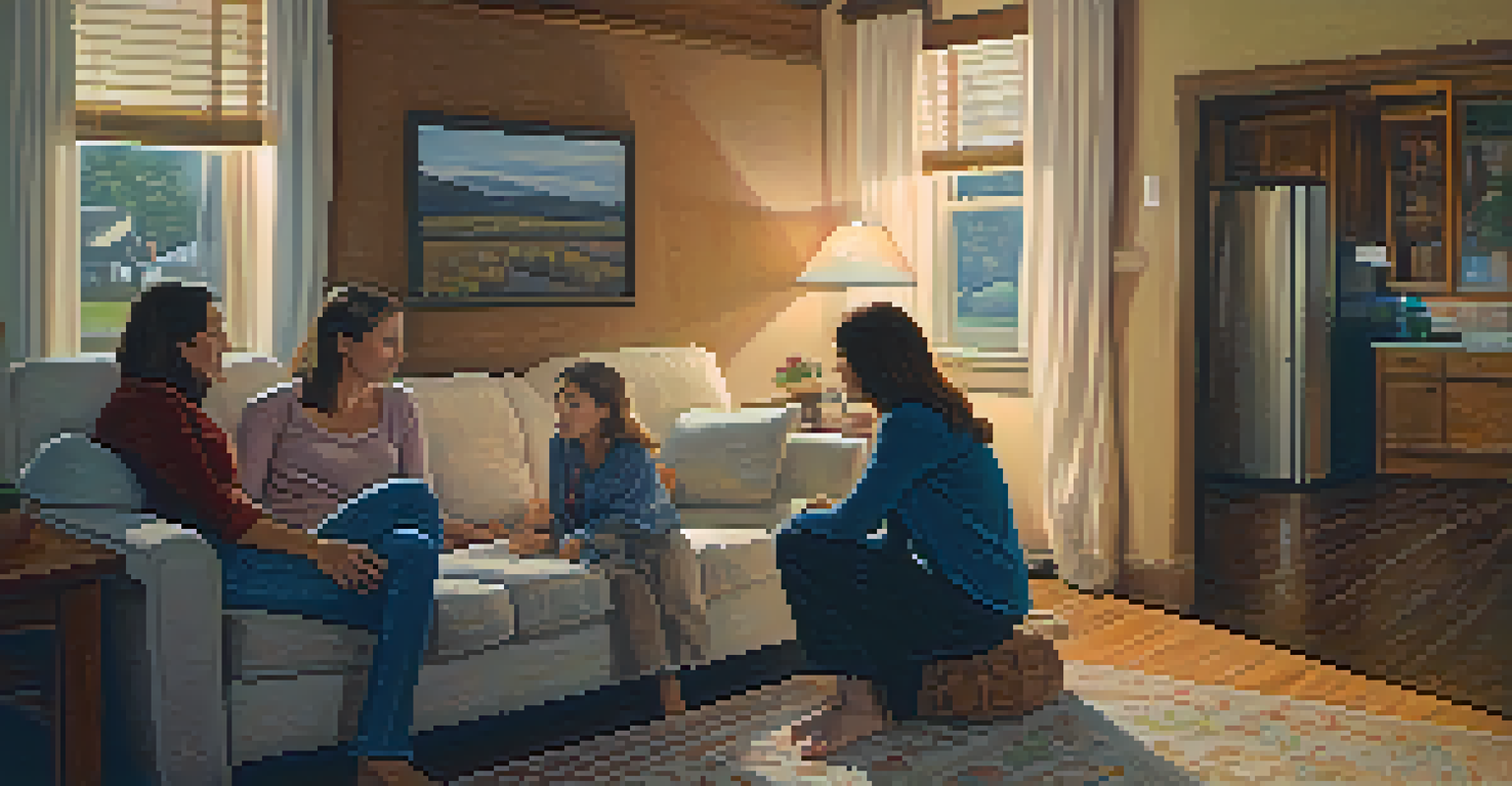 A family gathering at home, with a mother comforting her daughter while the father looks on, showcasing complex family dynamics.