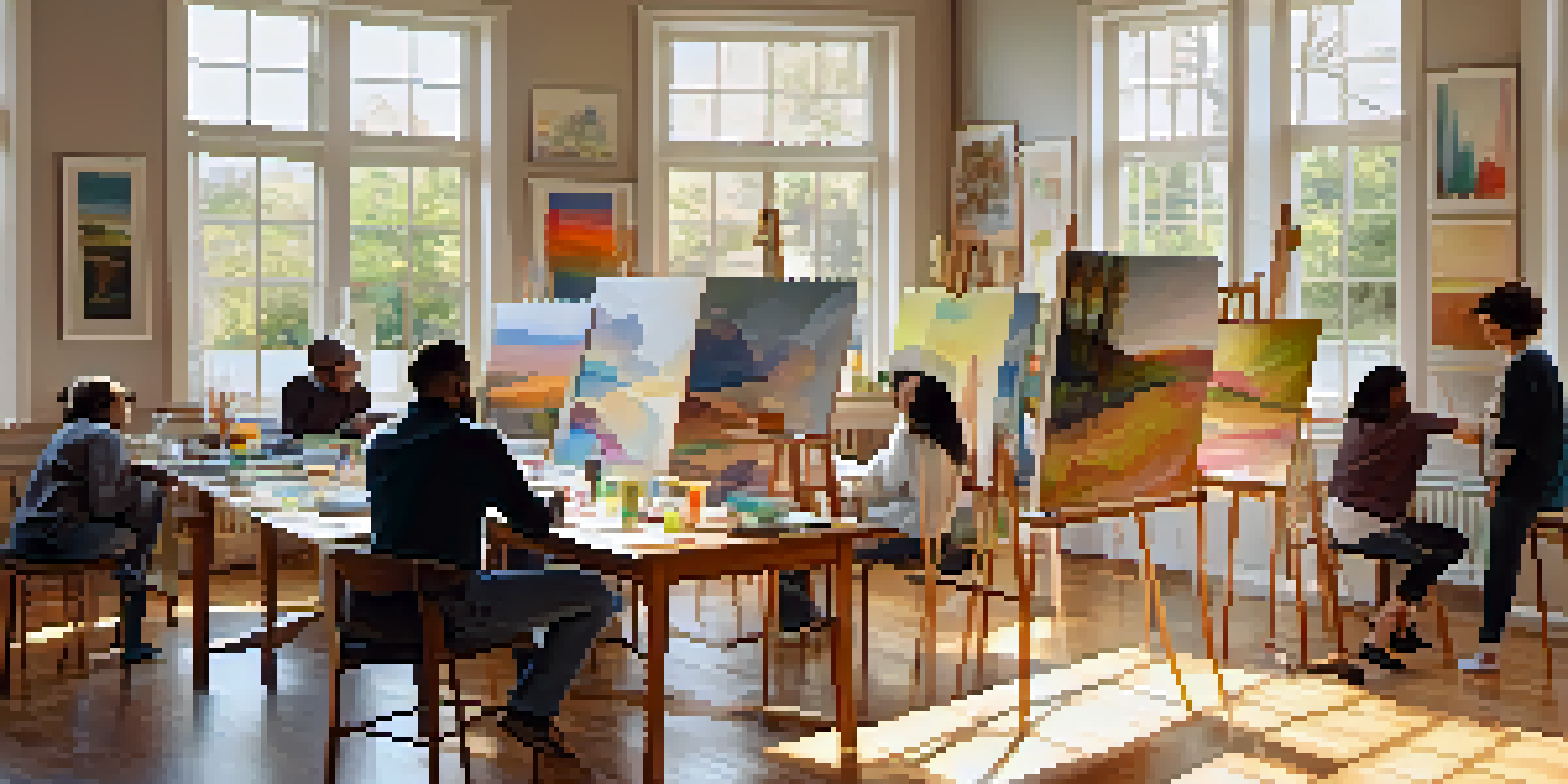 A bright studio filled with people participating in an art therapy session, painting on canvases with colorful artwork on the walls.