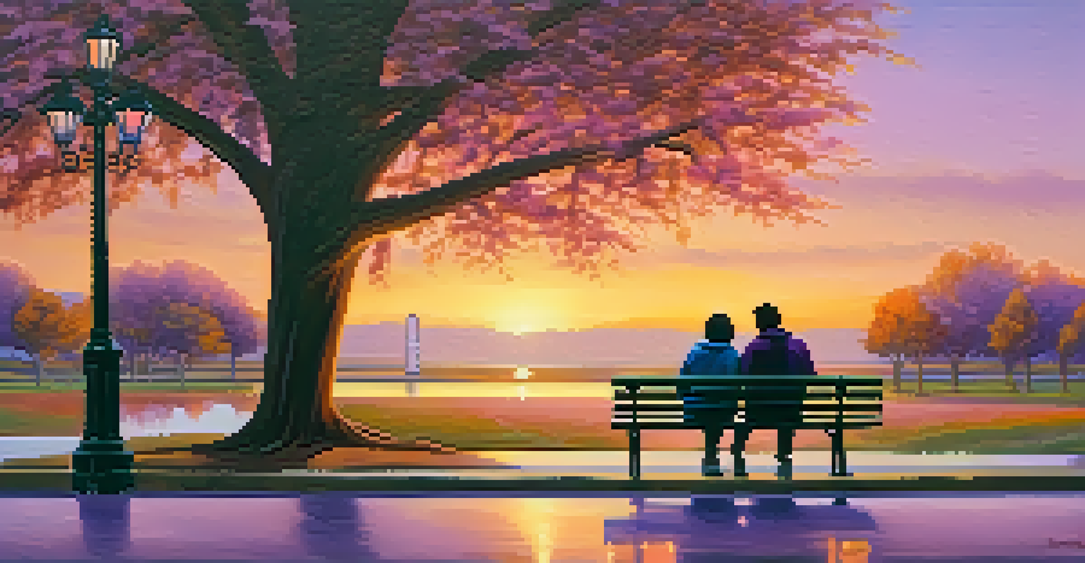 Two friends on a park bench sharing a supportive moment during a sunset, showcasing empathy and connection.