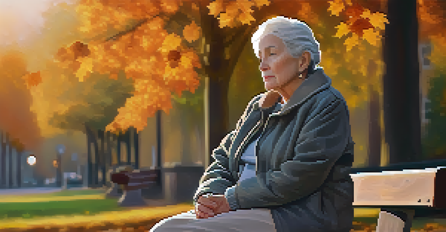 An elderly woman sitting on a park bench, lost in thought, surrounded by autumn foliage, conveying a sense of reflection and solitude.