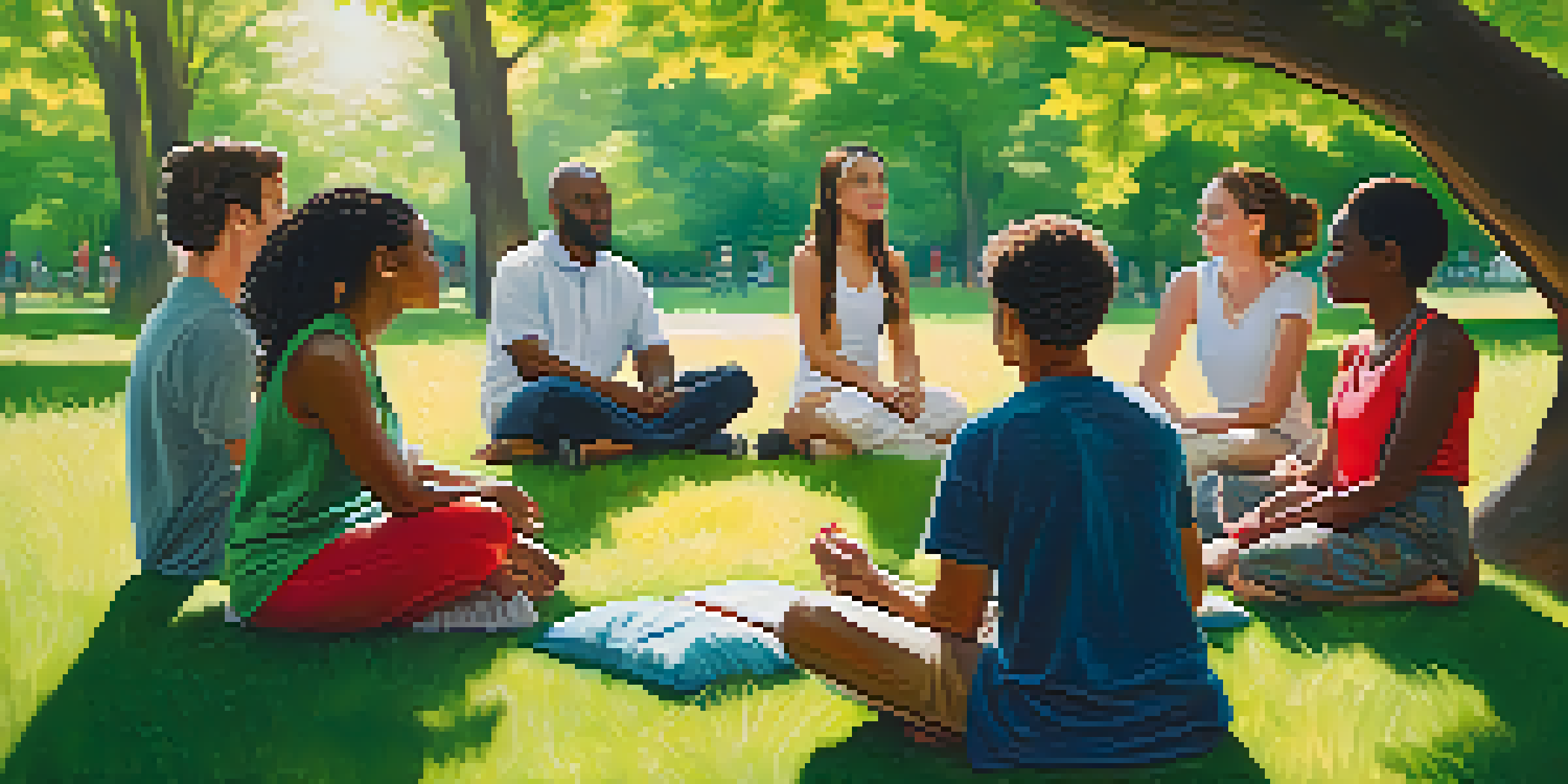 A diverse group of individuals participating in a supportive outdoor therapy session in a green park.