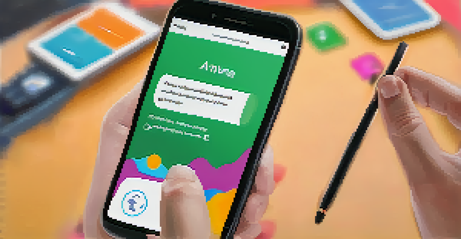 A close-up of hands holding a smartphone with a recovery management app interface, featuring motivational messages.