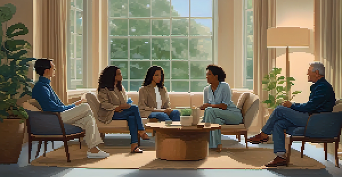 A diverse group of people sitting in a circle in a warmly lit room, engaged in conversation, with plants in the background and natural light coming through a window.