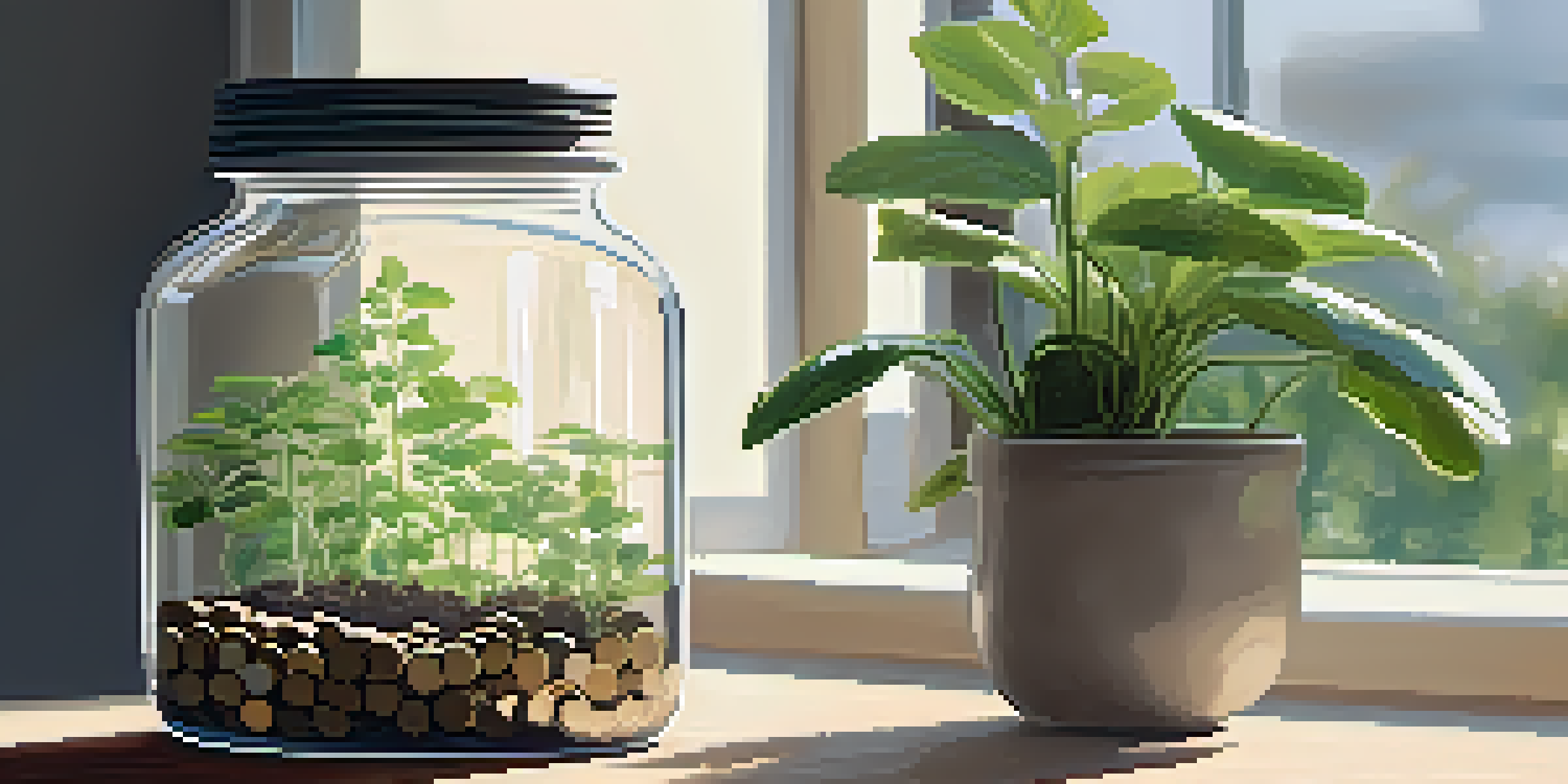A person counting coins at a table in a bright room, with a jar labeled 'Emergency Fund' and plants around.