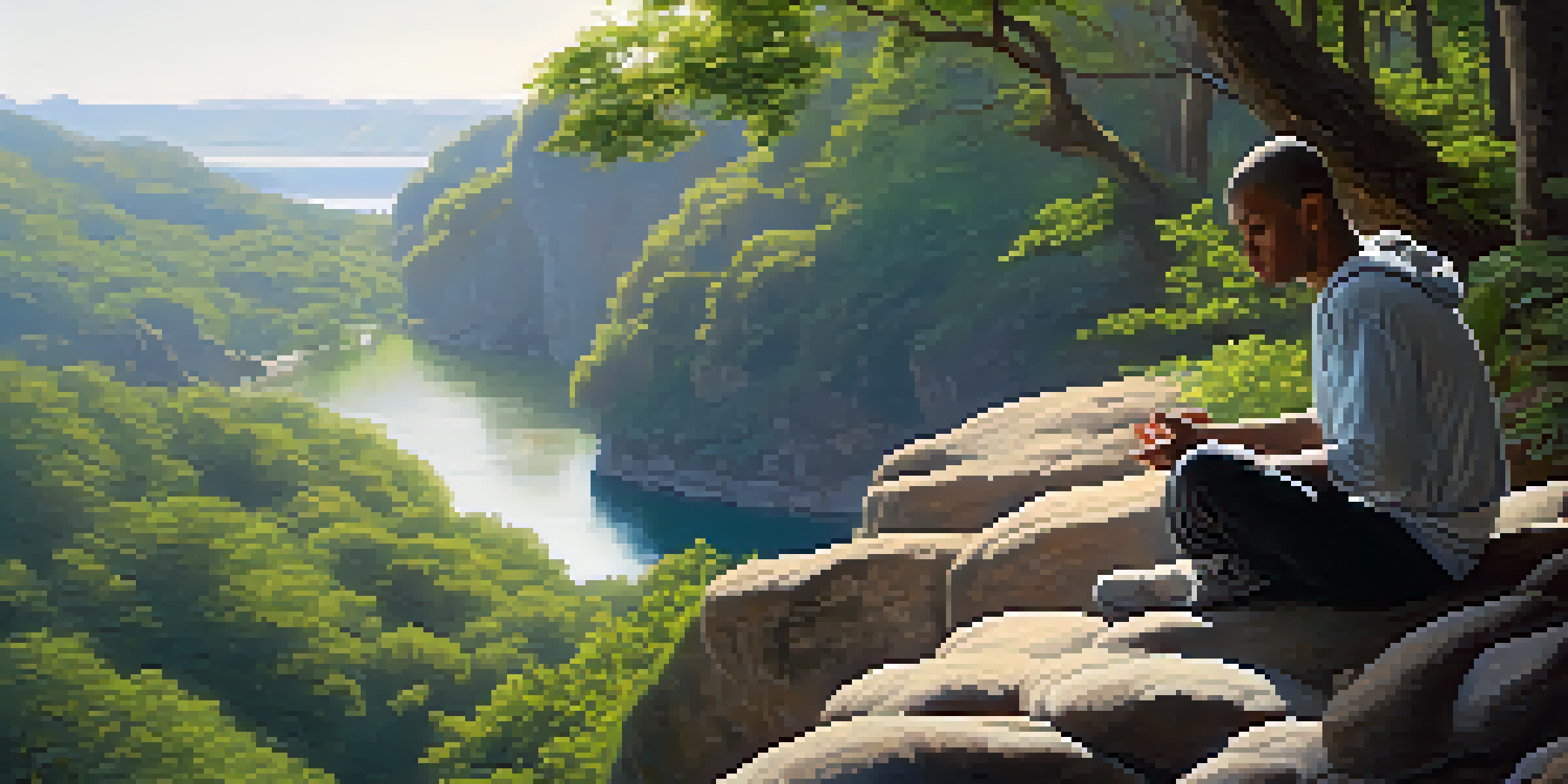 A person meditating on a rocky outcrop in a green forest, with sunlight filtering through the leaves.
