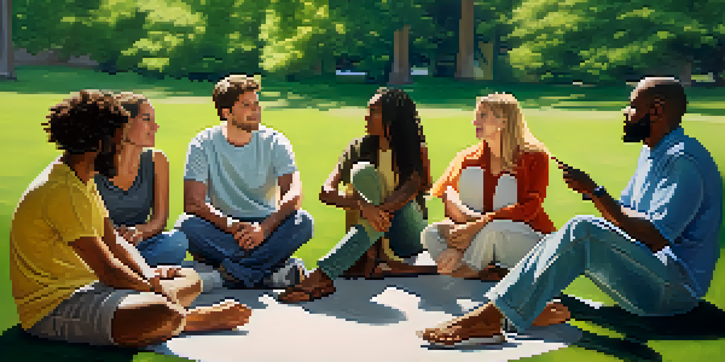 A diverse group of individuals sitting in a circle in a park, sharing experiences in a support group, with sunlight filtering through trees.