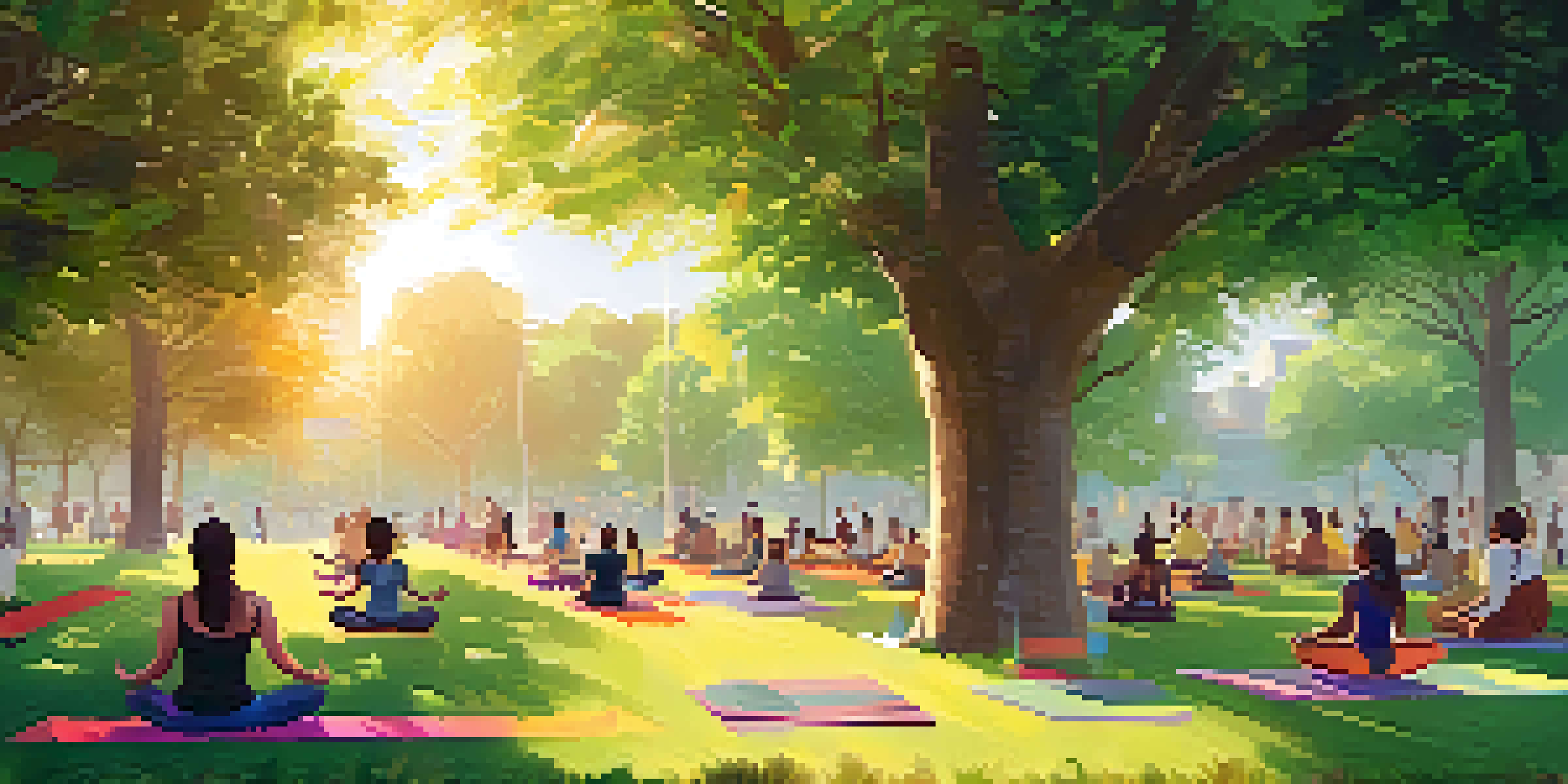 A community park with diverse individuals participating in a wellness event, practicing yoga and engaging in discussions, surrounded by greenery and colorful banners.