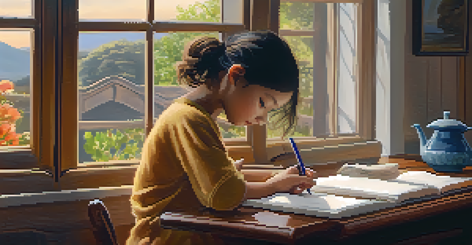 A person journaling at a wooden desk, surrounded by warm light and a view of a garden.