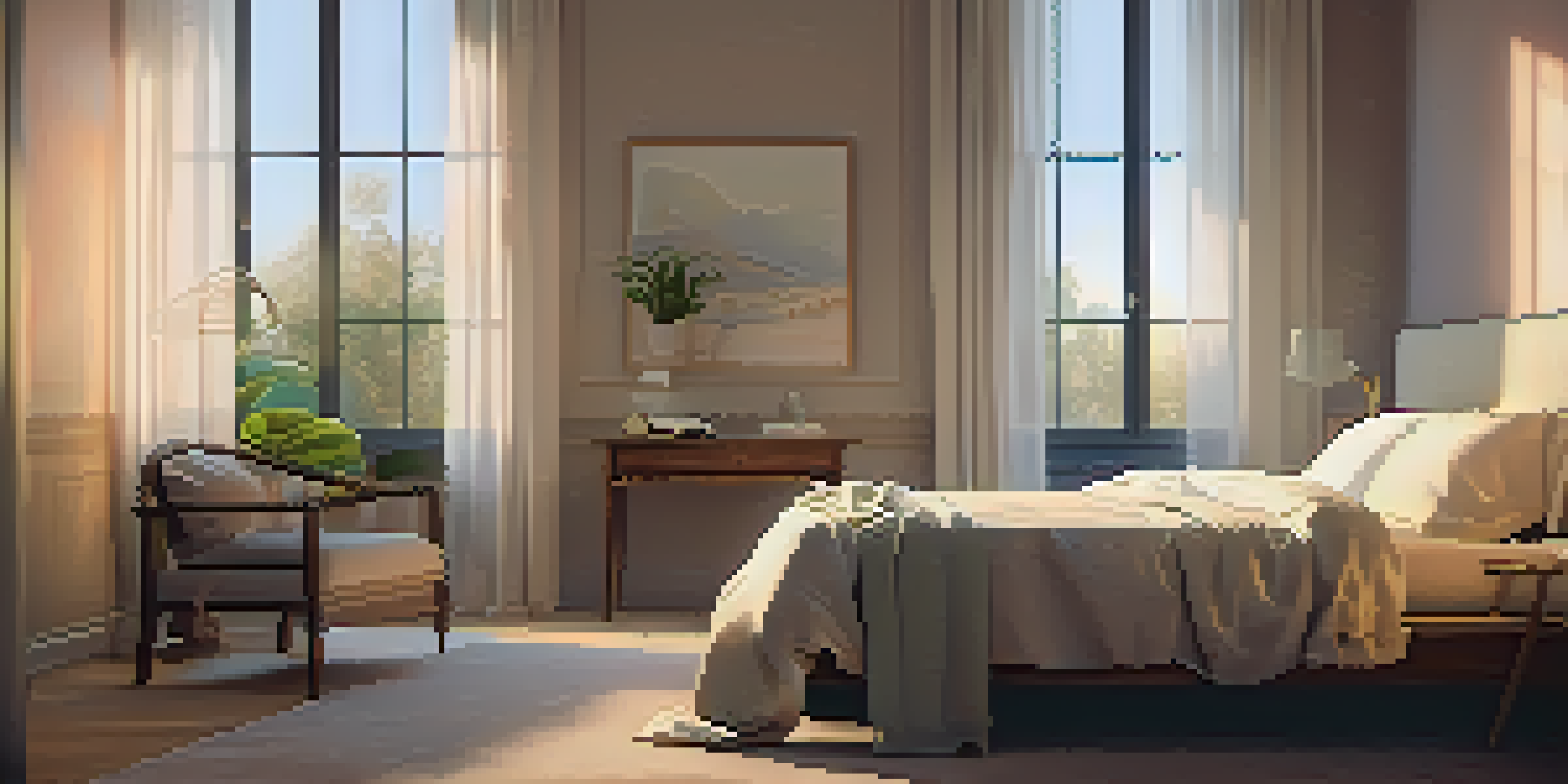 A peaceful bedroom at dawn with soft linens, filtered light, and a bedside table with a plant and an open book.