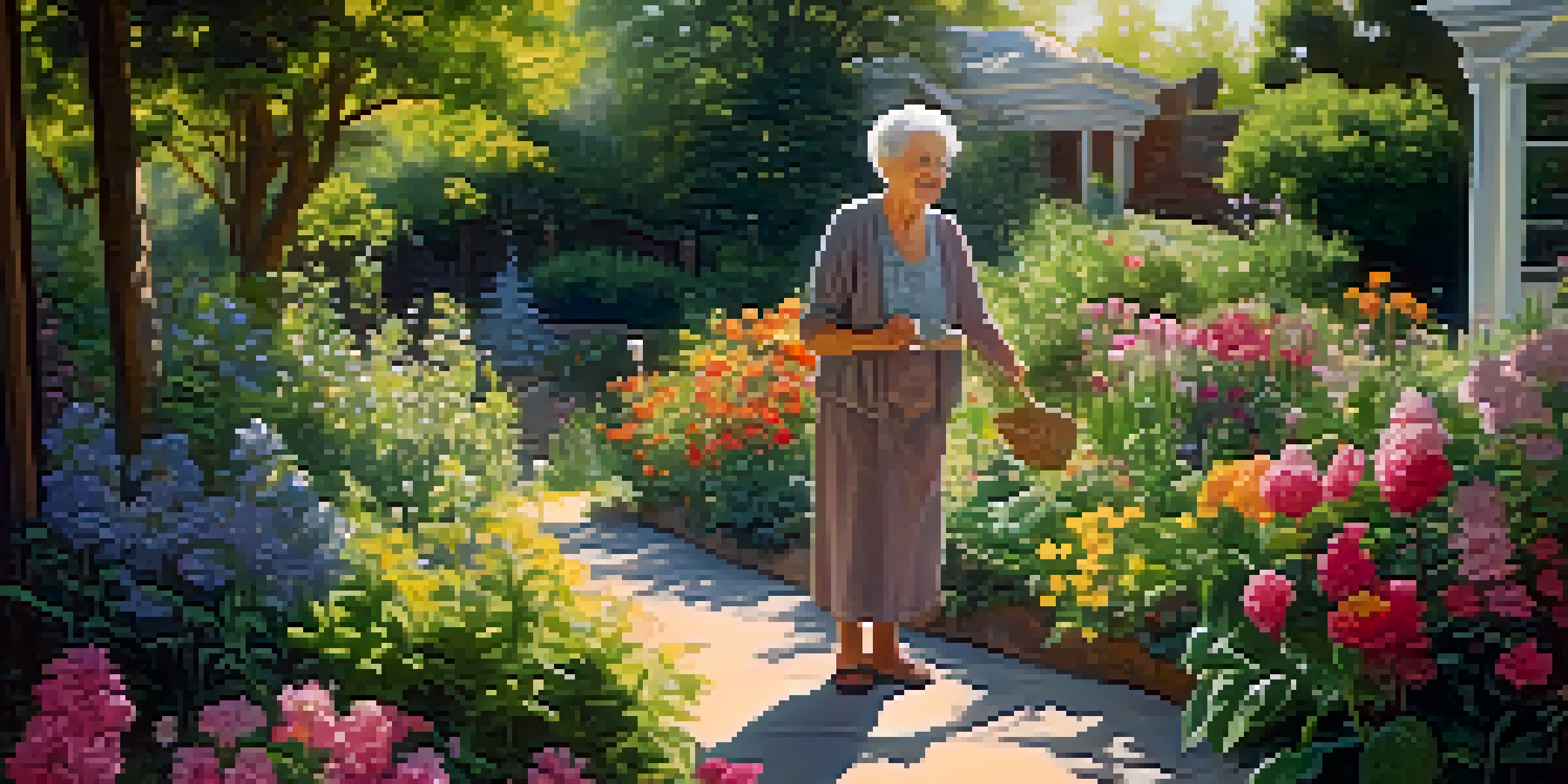 An elderly woman happily gardening in a bright and colorful garden, symbolizing joy and connection to nature.