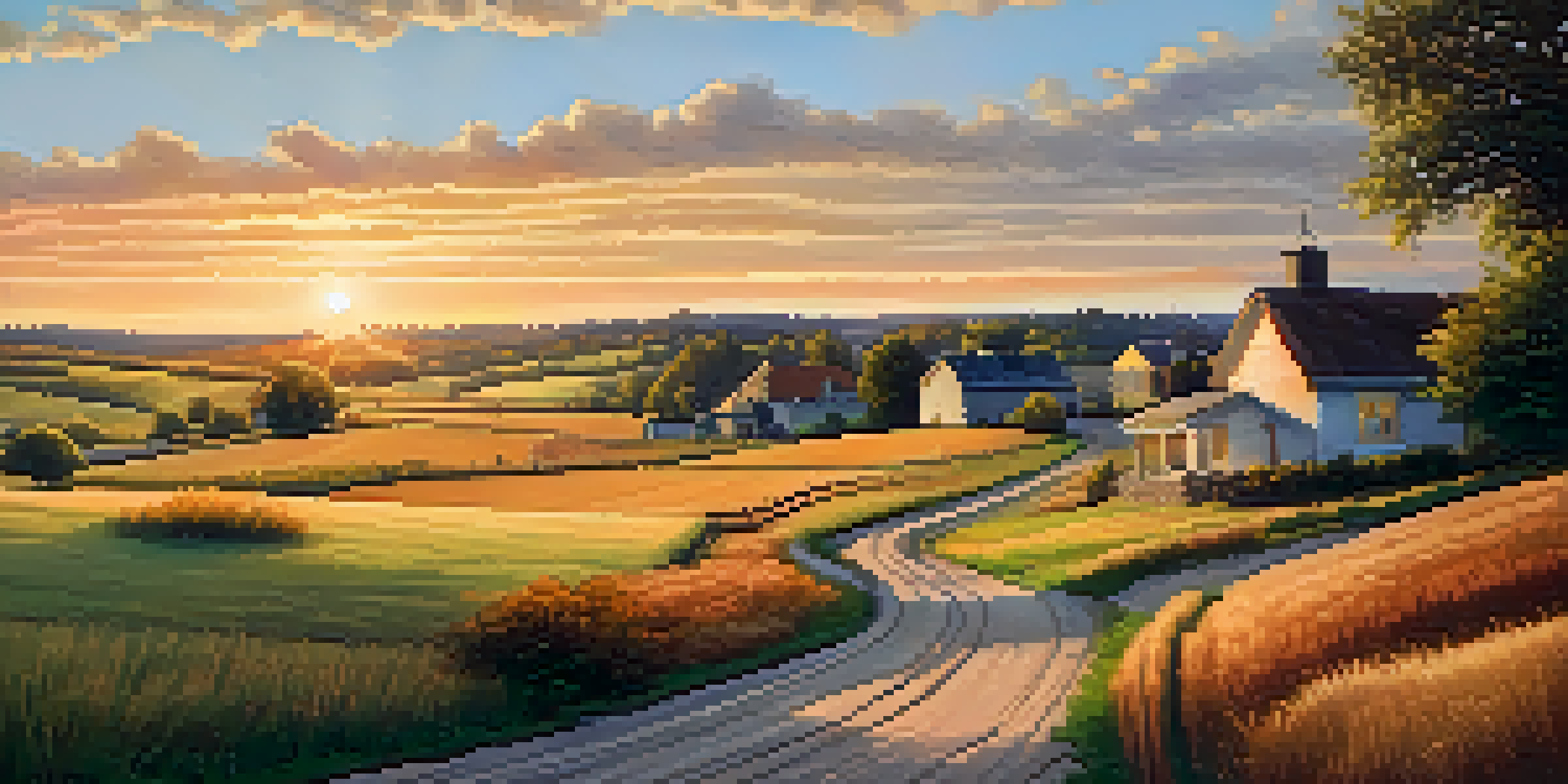 A picturesque rural landscape at sunset with quaint houses and fields, illuminated by golden light.