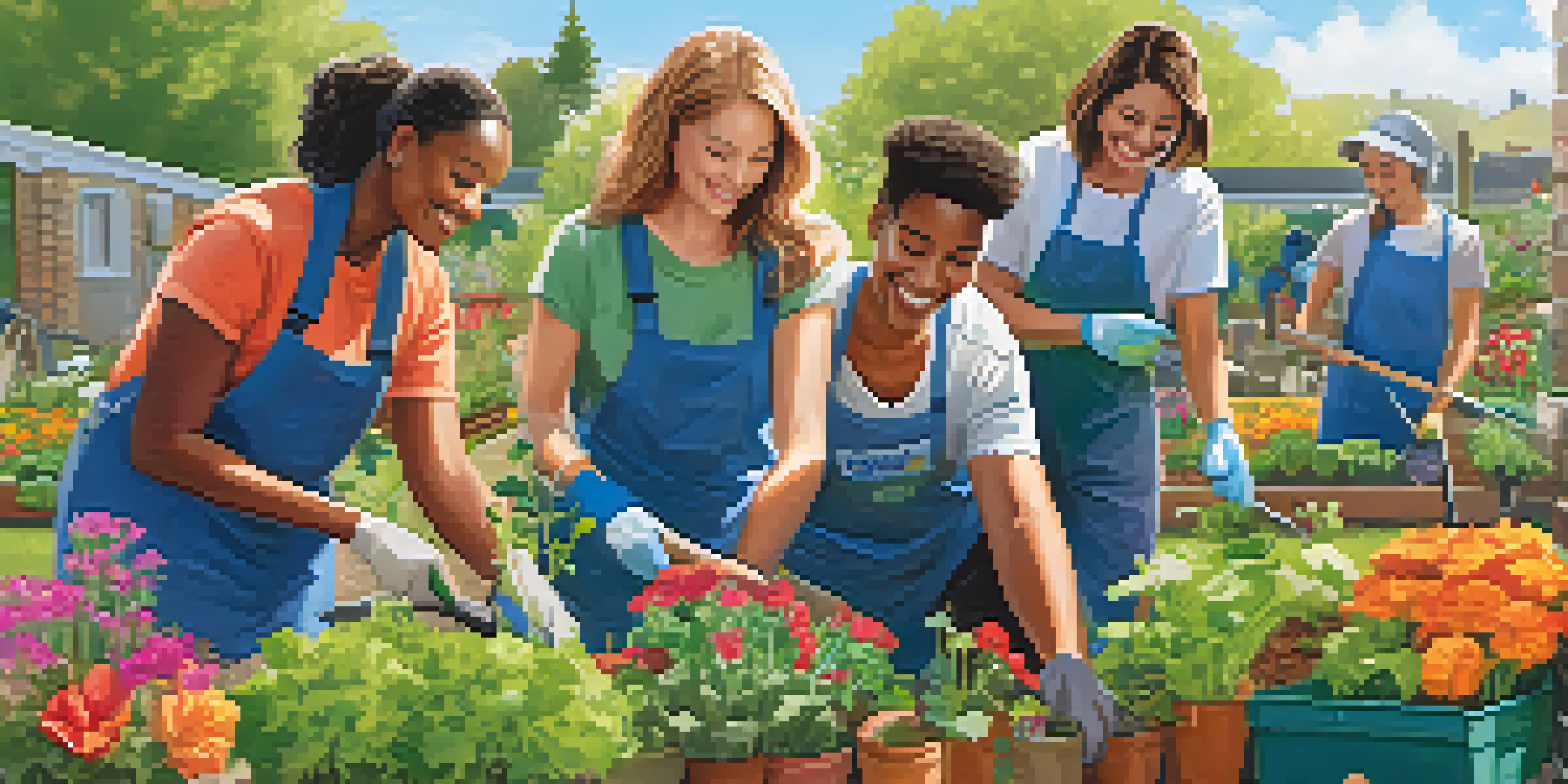 A diverse group of volunteers planting flowers and vegetables in a community garden under a clear blue sky.