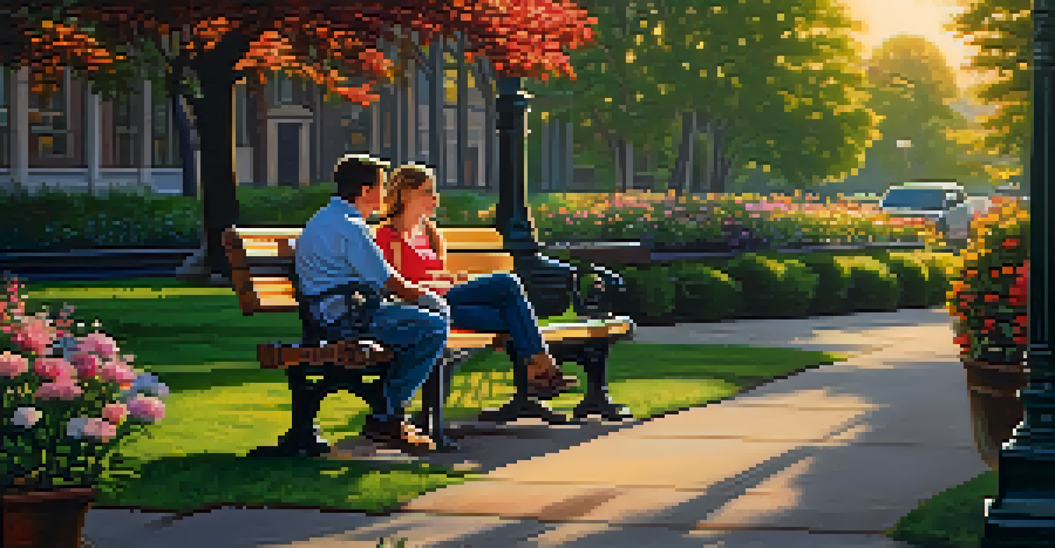 A couple sitting on a bench in a park, having a heartfelt conversation under a warm sunset.