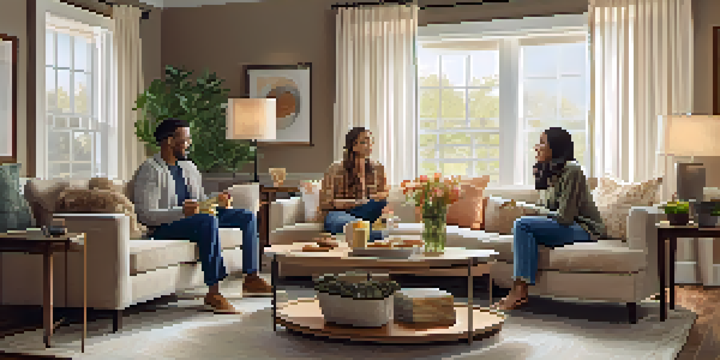 A family gathering in a cozy living room, with members engaged in conversation. Warm lighting and family photos create a supportive atmosphere.