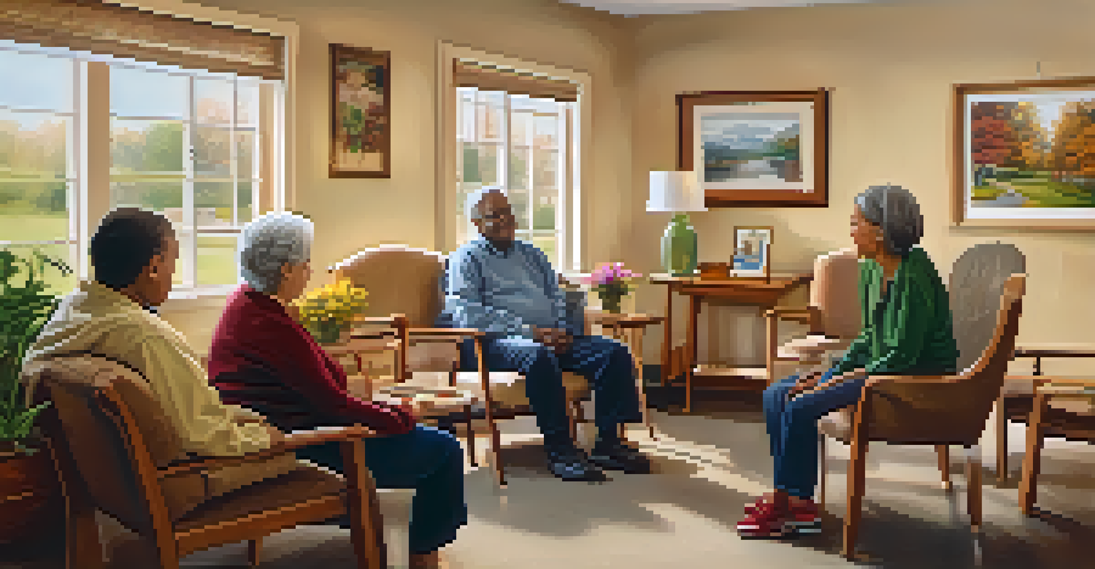 A family meeting in a cozy room, with a staff member facilitating a discussion among family members and a resident.