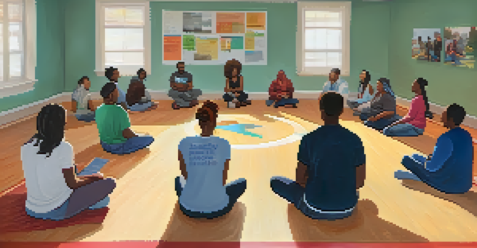 An inviting community center with residents in a circle discussing substance abuse awareness, with warm lighting and informative posters.