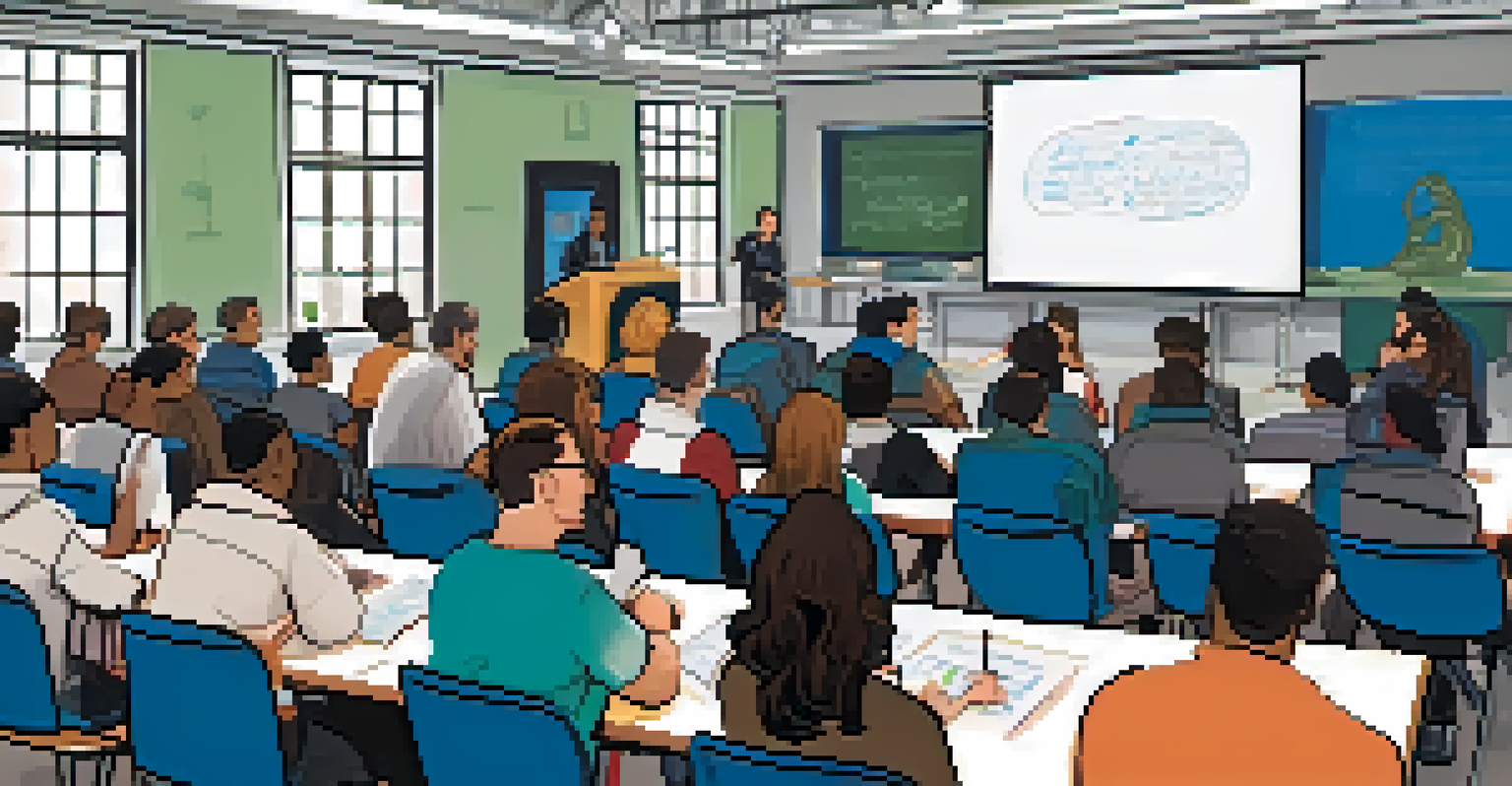 An educational workshop with a speaker presenting on addiction and mental health, attendees taking notes at tables, and a projector displaying slides in a bright, organized room.