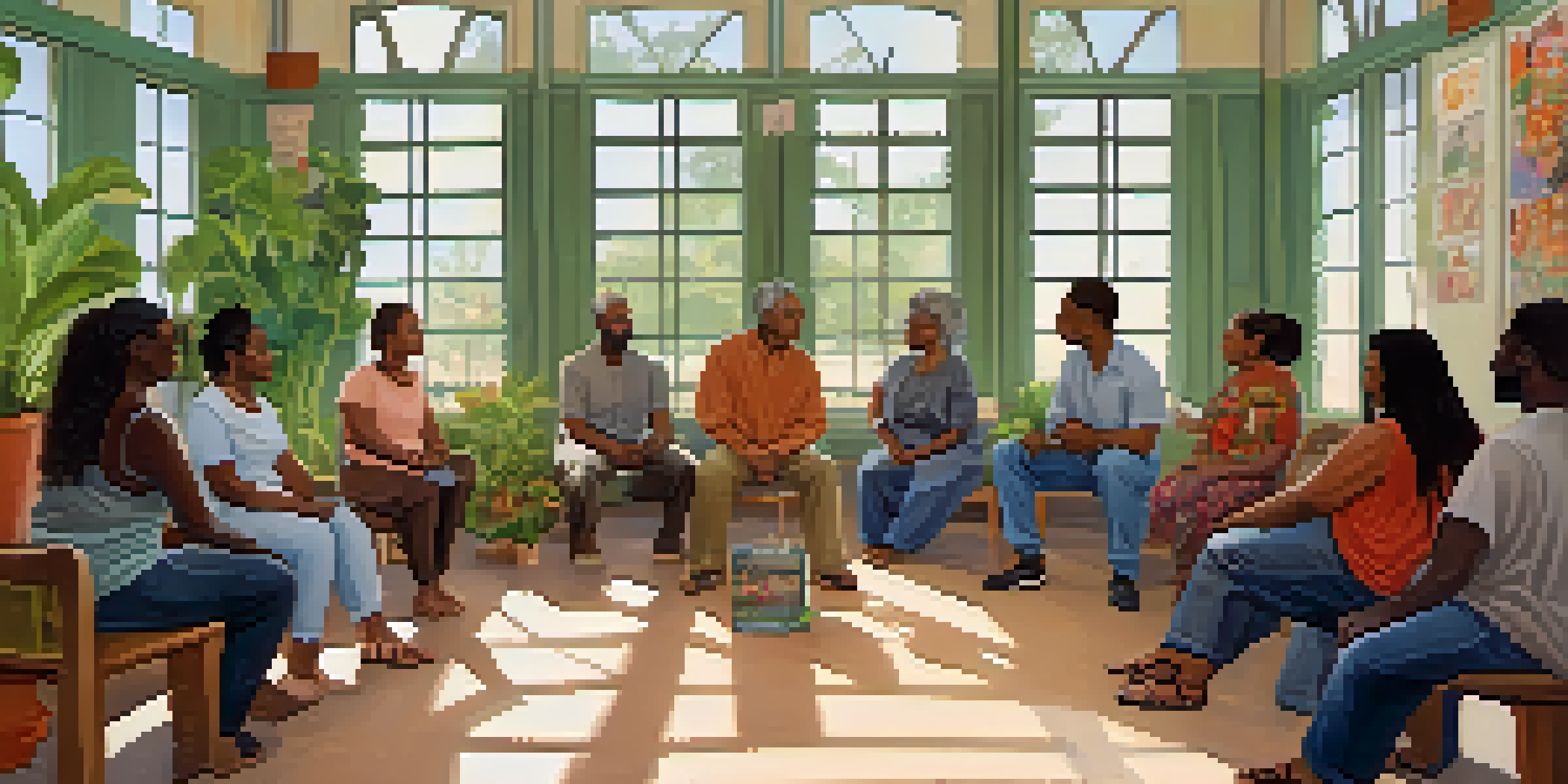A diverse group of people gathered in a well-lit community center for a support group session, sitting in a circle with supportive expressions.