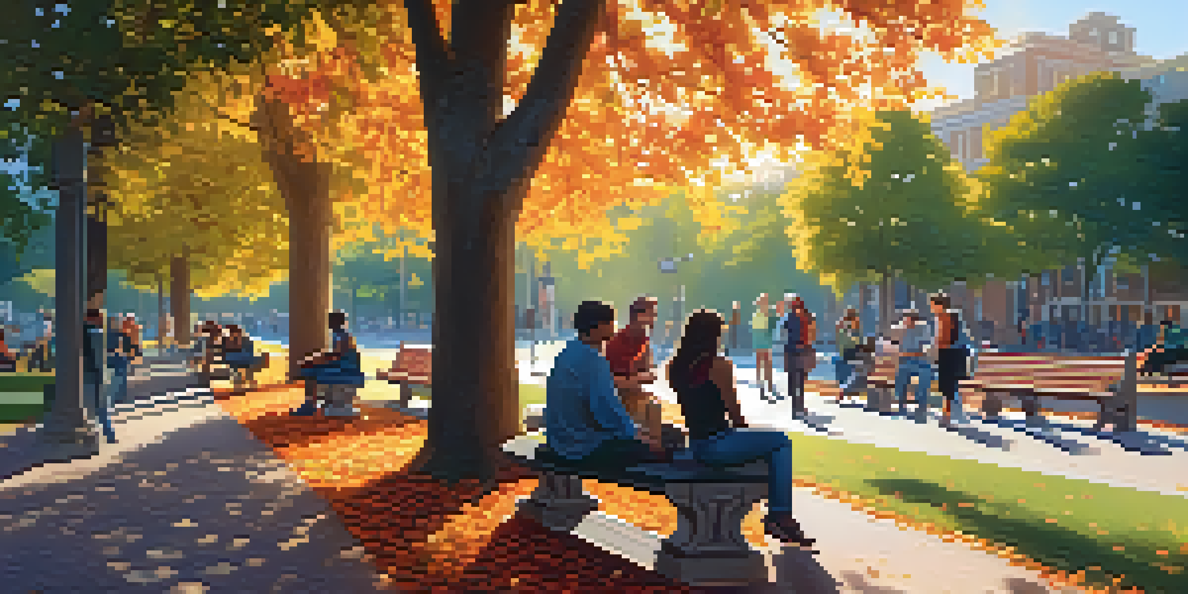 A peaceful park with people of various backgrounds chatting on benches under warm sunlight.
