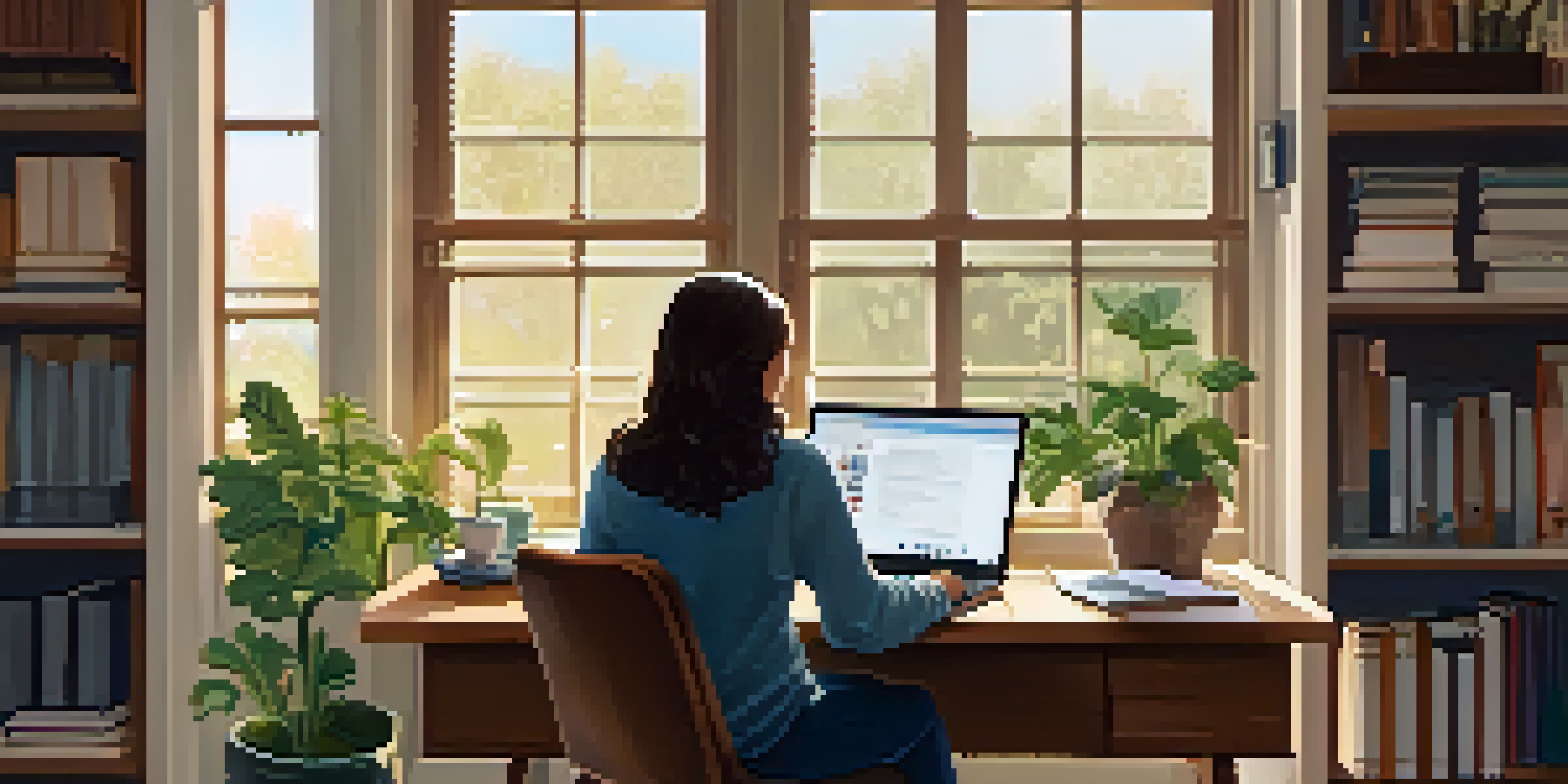 A person in a cozy home office engaged in a telehealth session on a laptop, with plants and bookshelves in the background.
