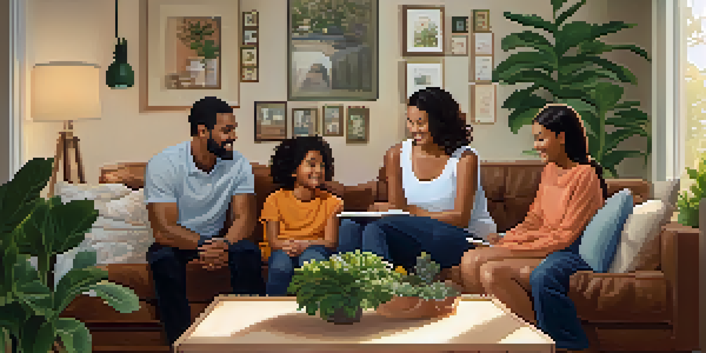 A diverse family in a cozy living room, having a supportive conversation, with warm lighting and family decorations.