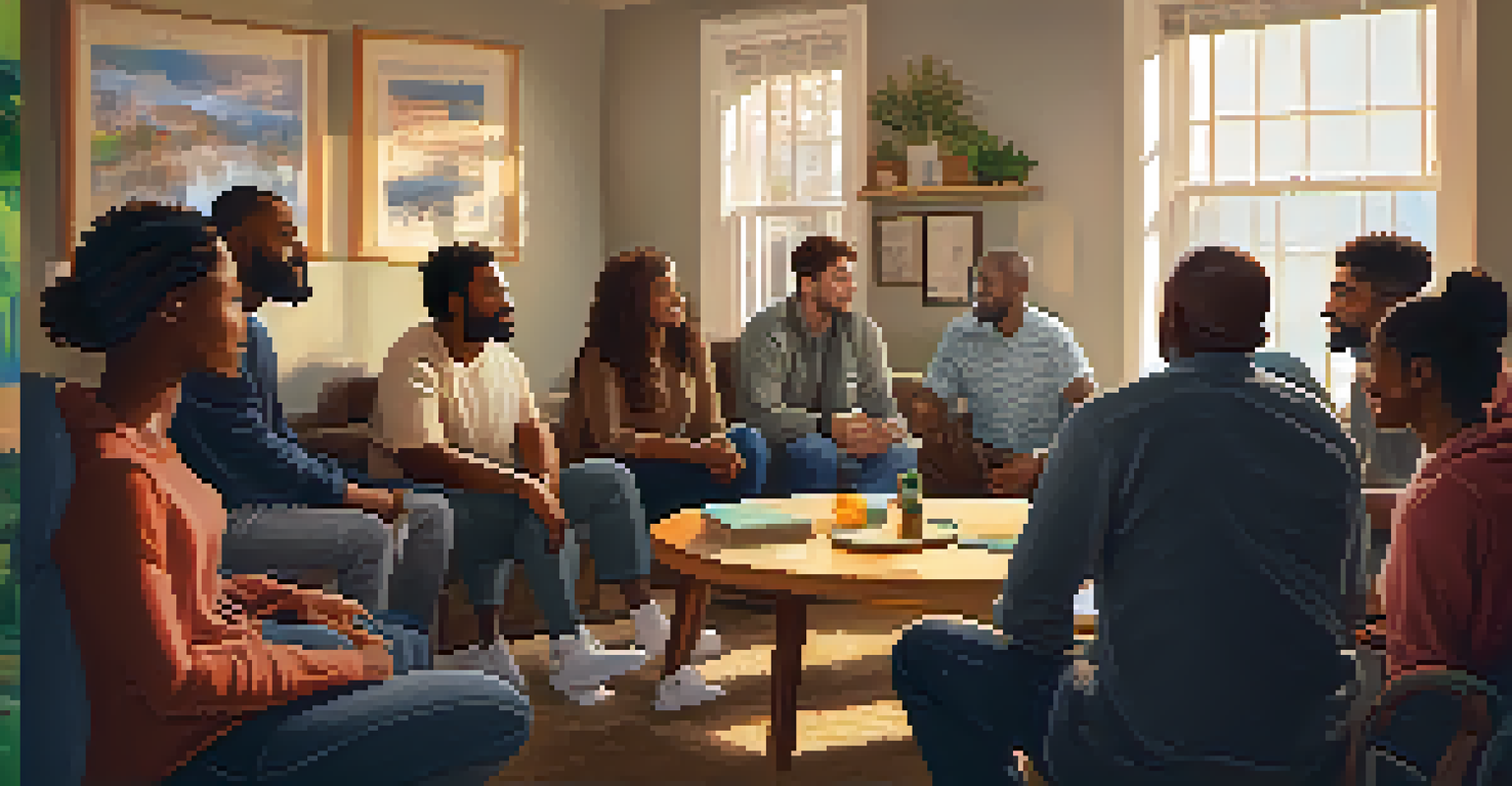 A support group meeting with diverse individuals sitting in a circle, sharing experiences in a warm and inviting room.