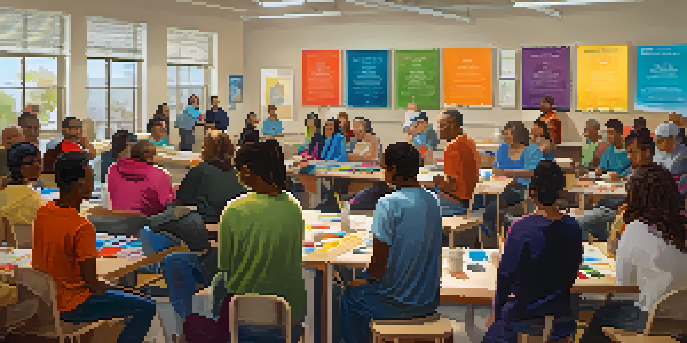 A vibrant community center with people attending a workshop on addiction awareness, surrounded by educational posters and materials.