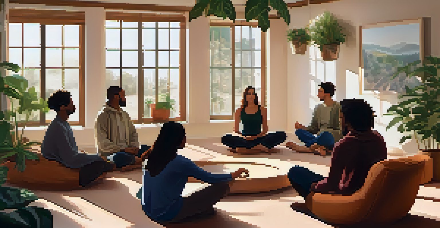 A diverse group of individuals sharing mindfulness practices in a cozy room.