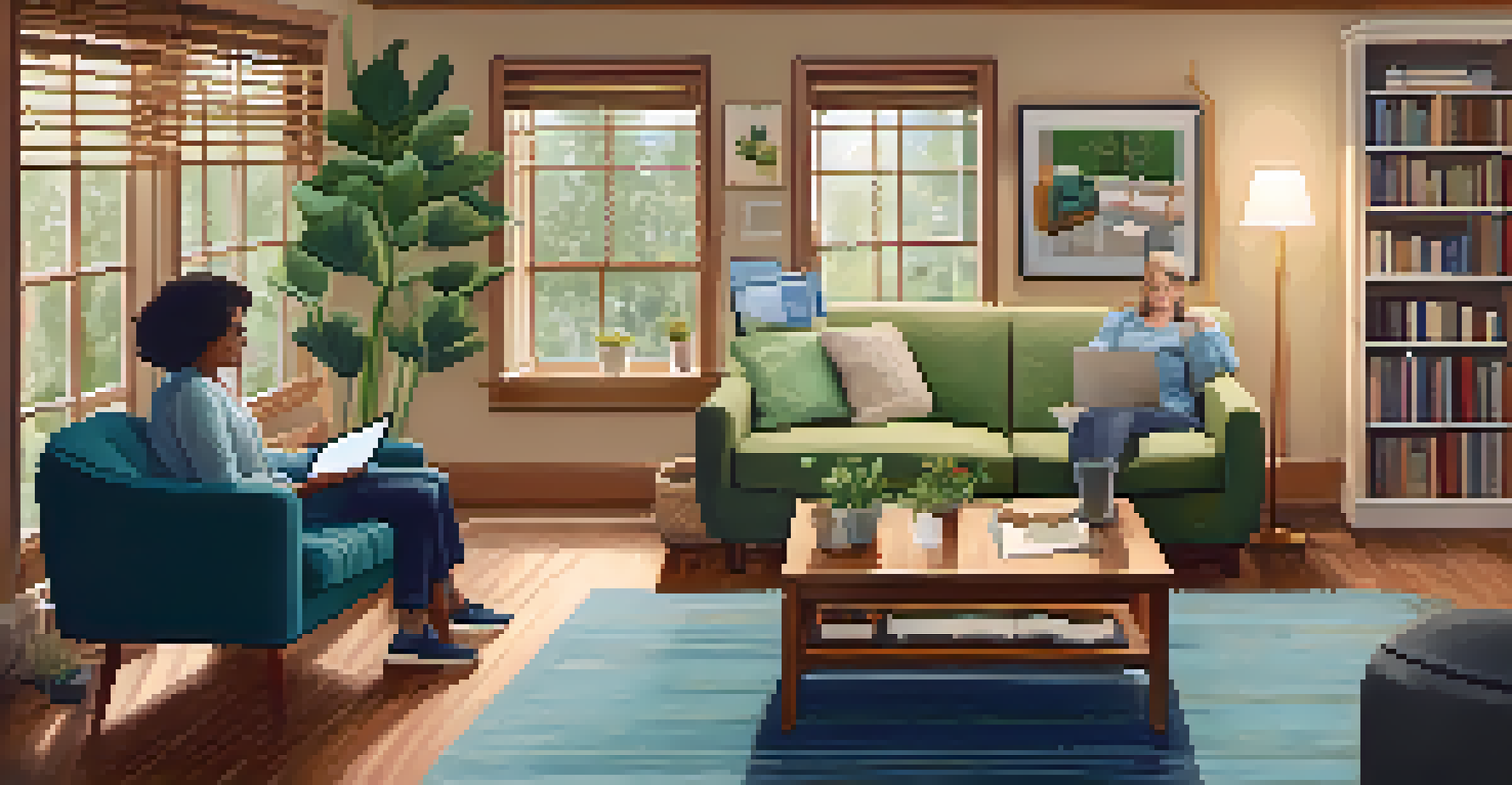 A person having a telehealth consultation at home, sitting on a couch with a laptop, surrounded by a cozy and welcoming environment.