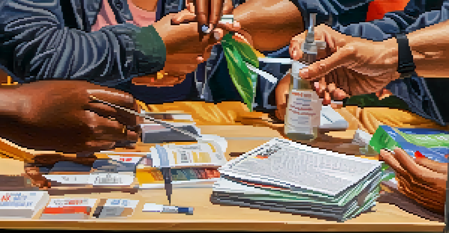 Hands exchanging pamphlets and health supplies at a harm reduction event, capturing the essence of community support and resource sharing.