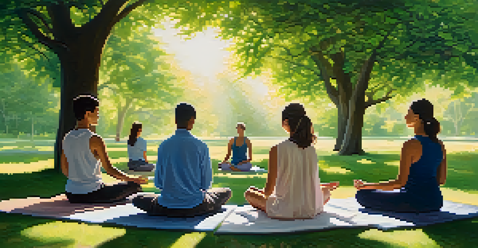 A group of individuals meditating in a peaceful park, surrounded by greenery and colorful flowers, under soft sunlight.