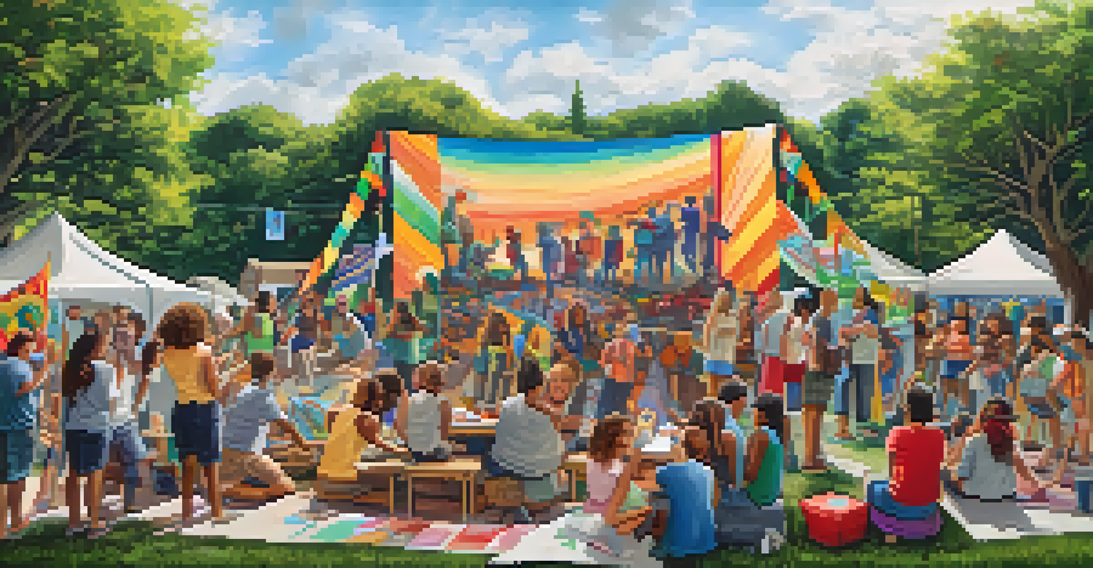 A lively outdoor community art event with individuals collaborating on a large mural, surrounded by greenery and a sense of connection.