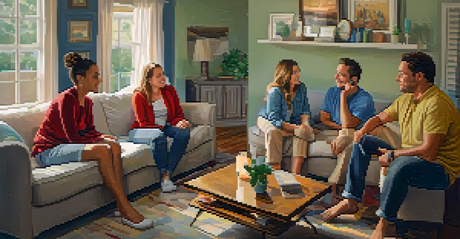 A family in a cozy living room discussing addiction recovery, showing supportive expressions, with warm lighting and personal decorations in the background.