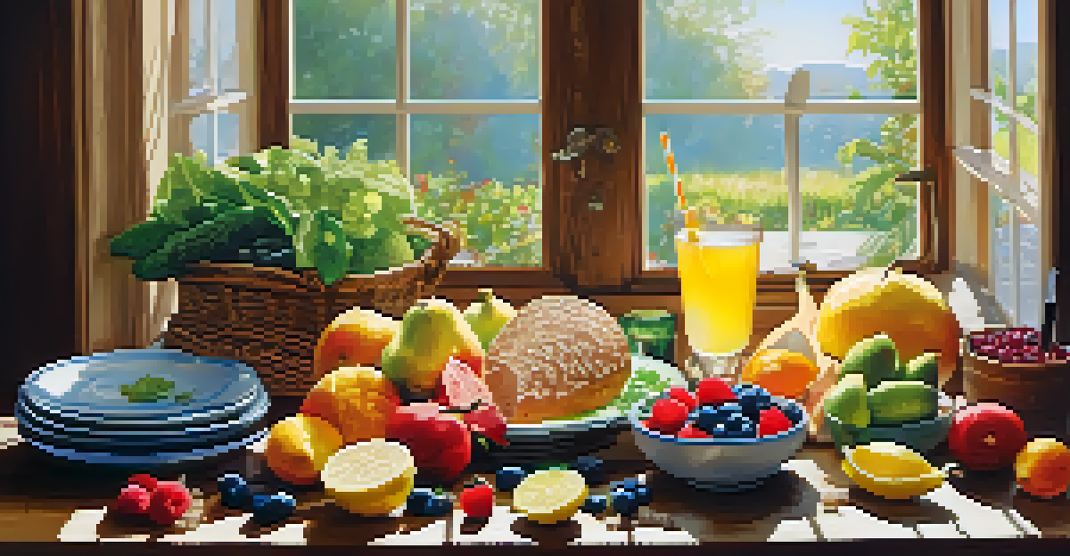 A healthy meal with fruits and vegetables arranged on a wooden table, illuminated by natural light.
