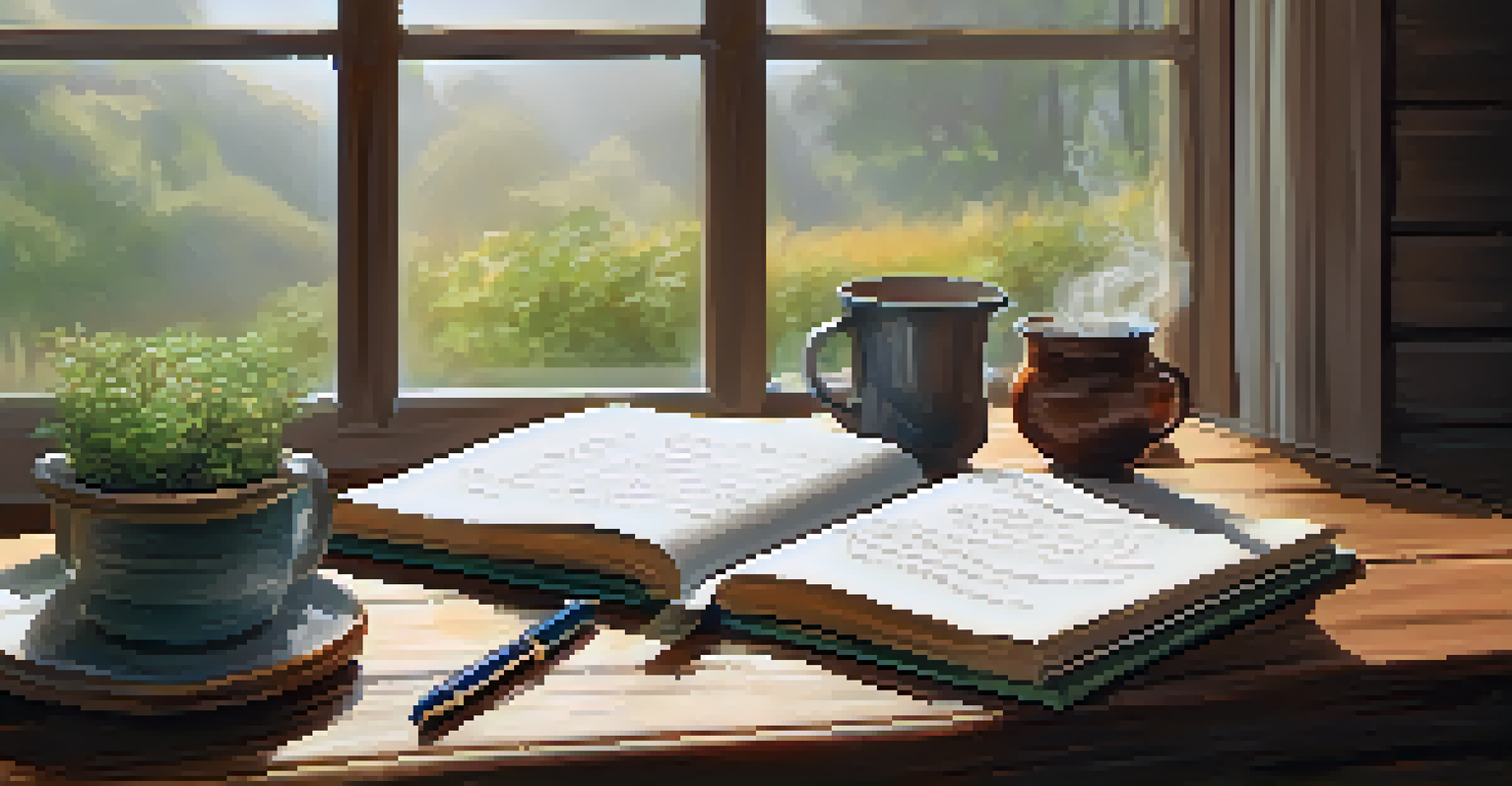 A close-up of a journal with written reflections, a pen, and a cup of herbal tea on a wooden table, bathed in natural light.