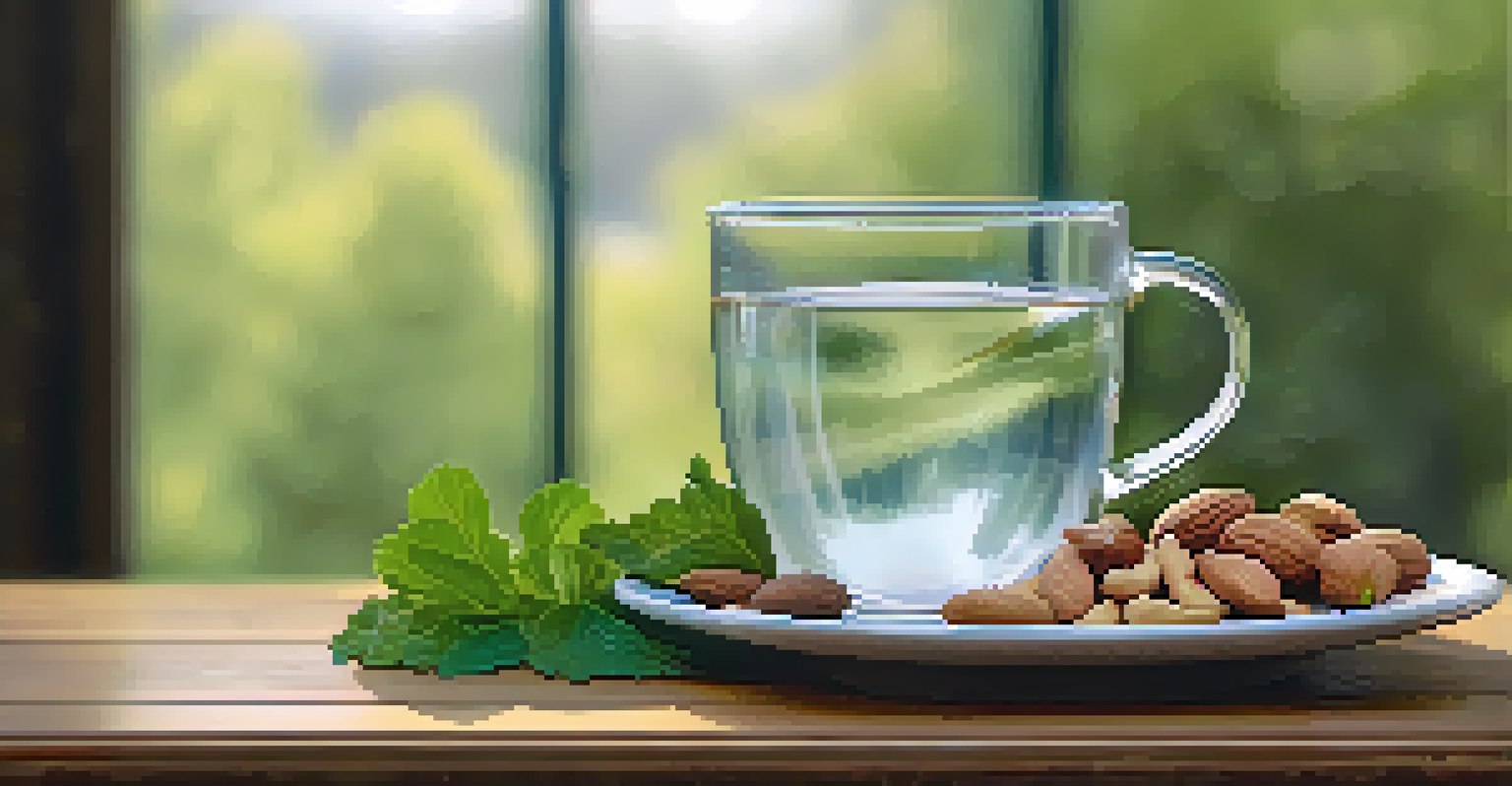A glass of water and a cup of herbal tea on a wooden table, with a bowl of nuts and fruits in the background.