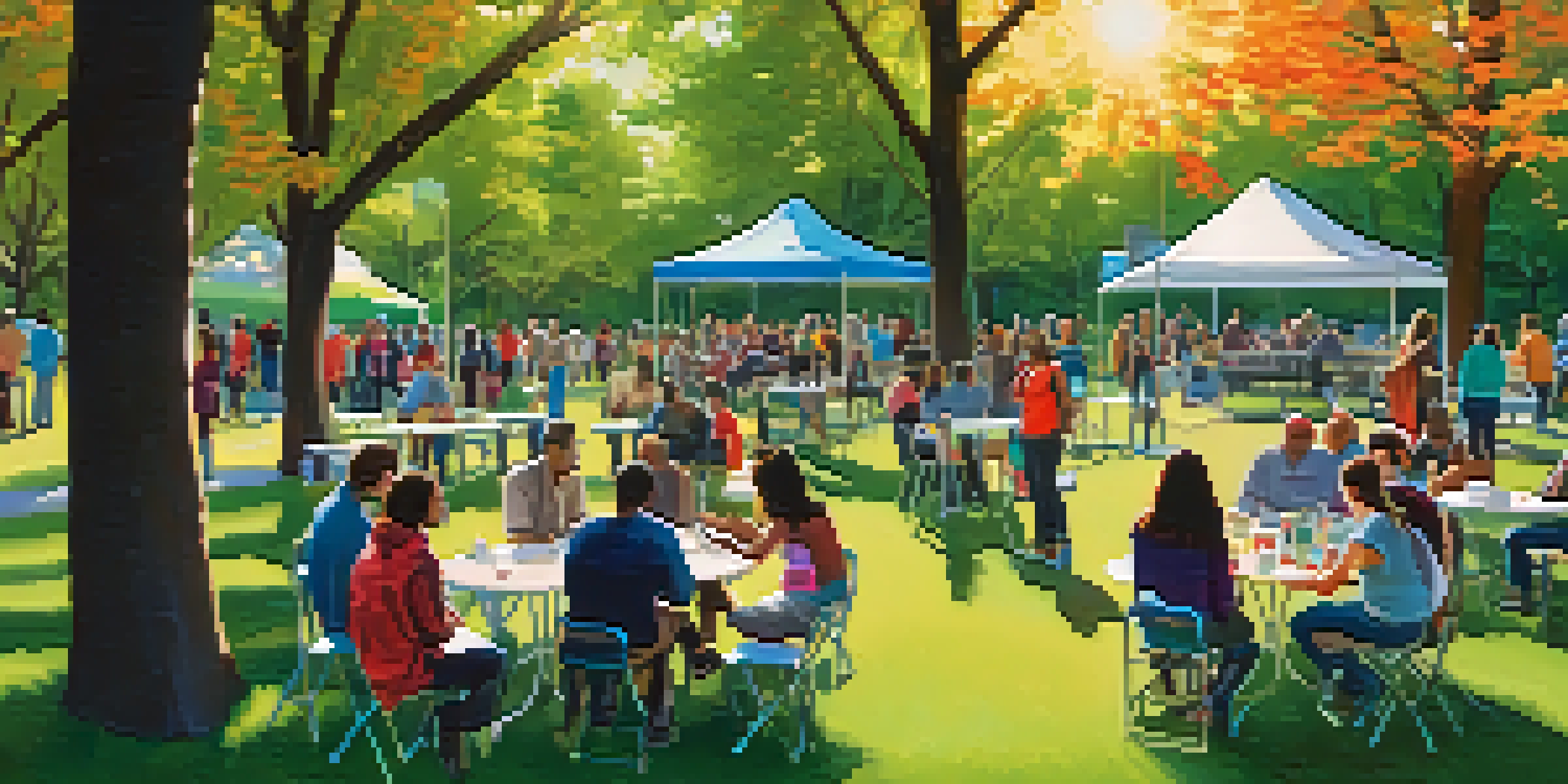 A diverse group of people gathered in a park discussing addiction recovery, with colorful banners and informational tables under the sunlight filtering through trees.